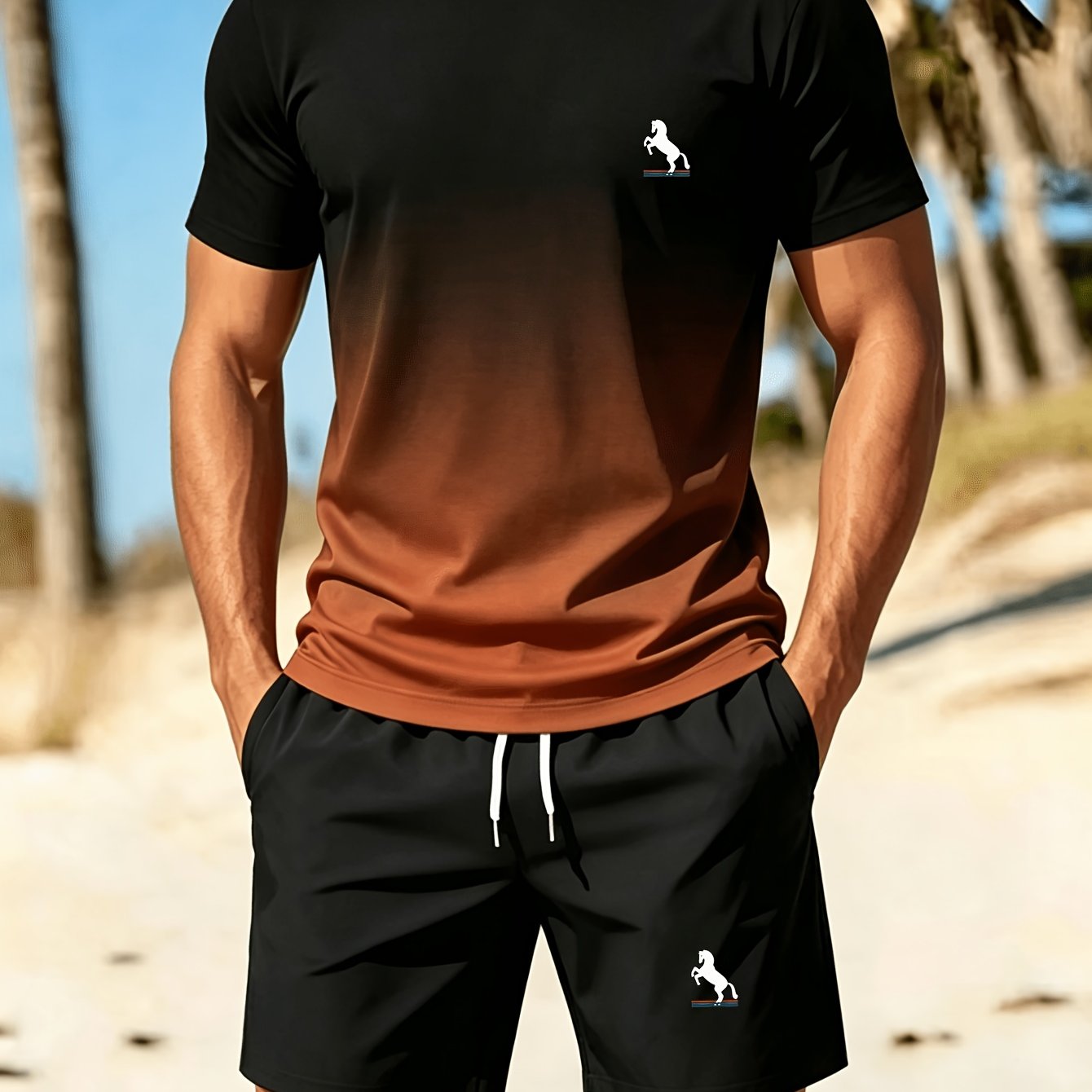 TEMU Men's Gradient T-shirt 2pcs Set, Pattern Print Short Sleeve T-shirt And Drawstring Athletic Shorts, Summer Quick-dry Breathable Fashion Casual