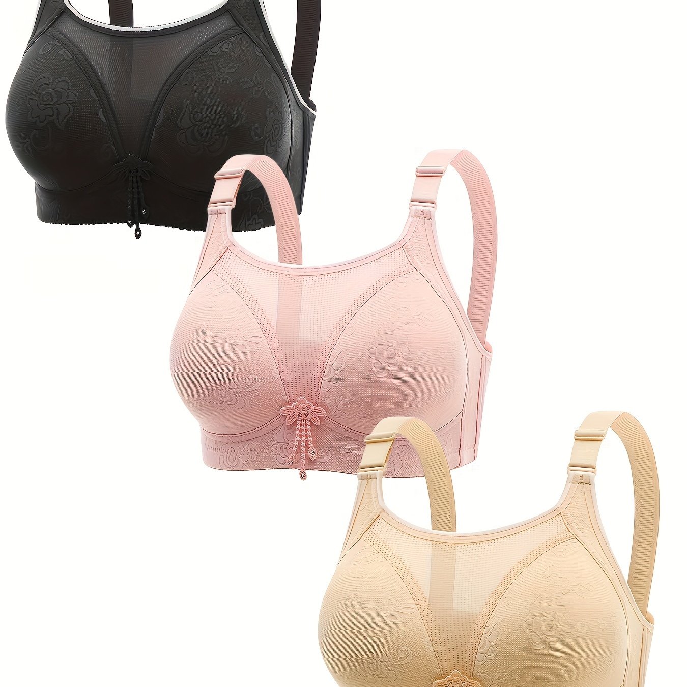 3-pack Thin, Wire-free, Jacquard, Gathered, Side-support Bra, Comfortable And Breathable Women's Underwear With A Beautiful Back