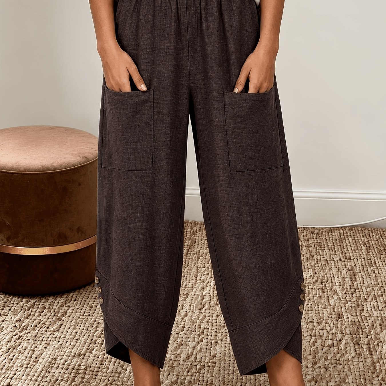 TEMU Women's Autumn New Arrival, Casual Solid Color Pants With Front Pockets, Comfortable Elastic Waist, Cuff Button Decoration And Crossover Design,