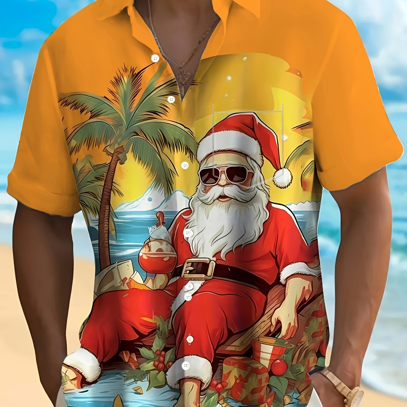 TEMU Men's Festive Christmas Shirt With Santa & Coconut Tree Print - Casual Short Sleeve, Button-up Collar, Polyester - Holiday