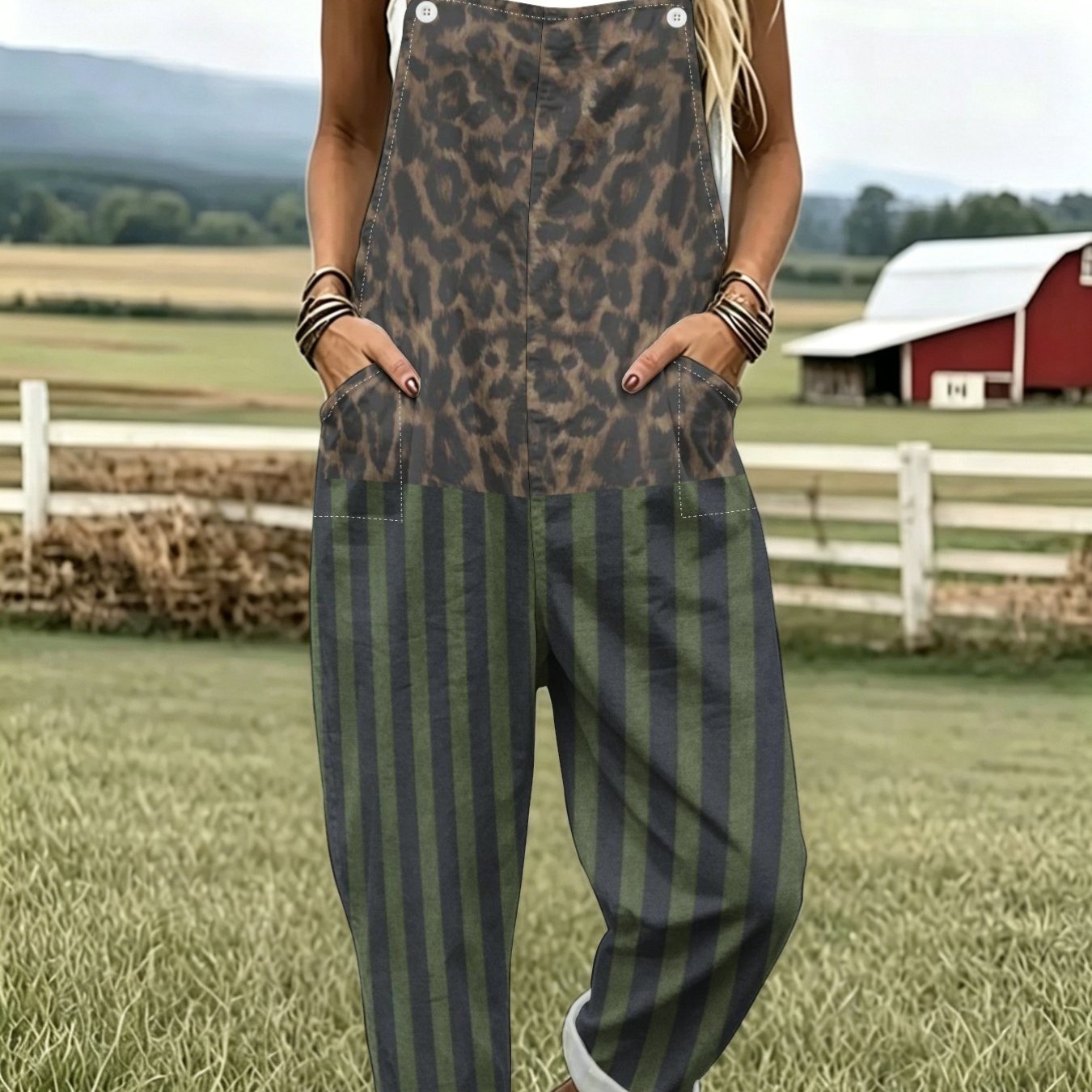 TEMU Part Features A Retro Leopard Print, While The Lower Part Is A Military Green And Dark Striped Overall. It Has Multiple Pockets And The Cuffs