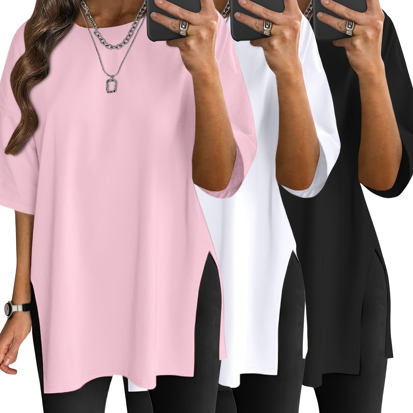 TEMU 3pcs Oversized Women's Loose Neck Shirt Fashion Side Slit Loose Short Sleeve T-shirt