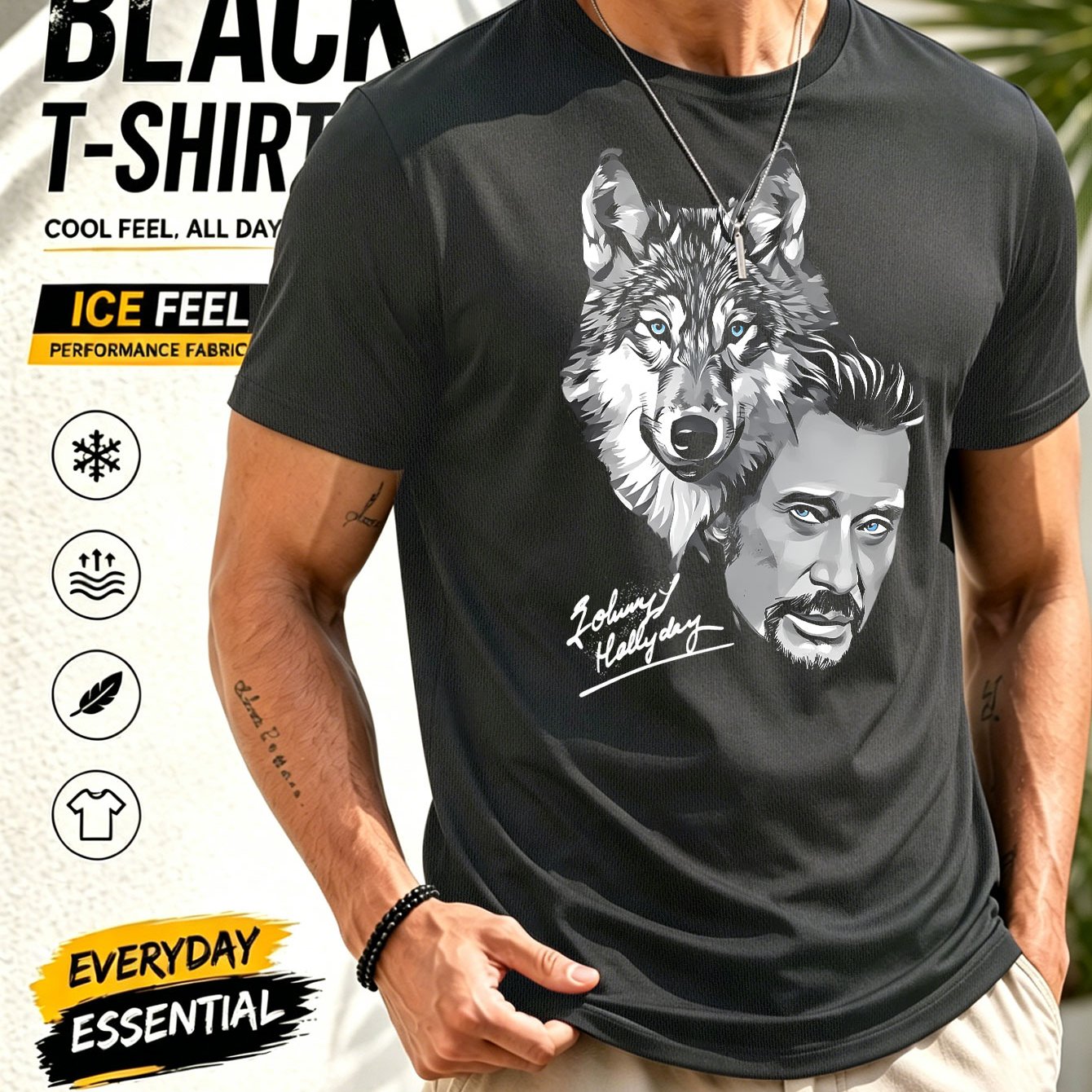 TEMU T-shirt Rock Français Hallyday, Portrait de Vintage Yeux , Haut de Motard Unisexe Style Streetwear, Coupe Standard, Tailles de Vêtements Épaules