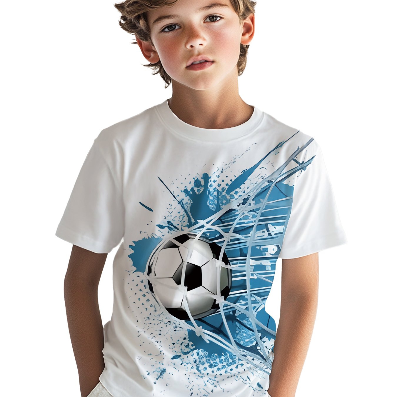 Image of Black Friday, Christmas, New Year - Football Goal Print Boys' T-shirt, 100% Polyester, 3d Digital Printing, Spring And Summer Outdoor Sports Boys' Top, Crew Neck, Short Sleeves