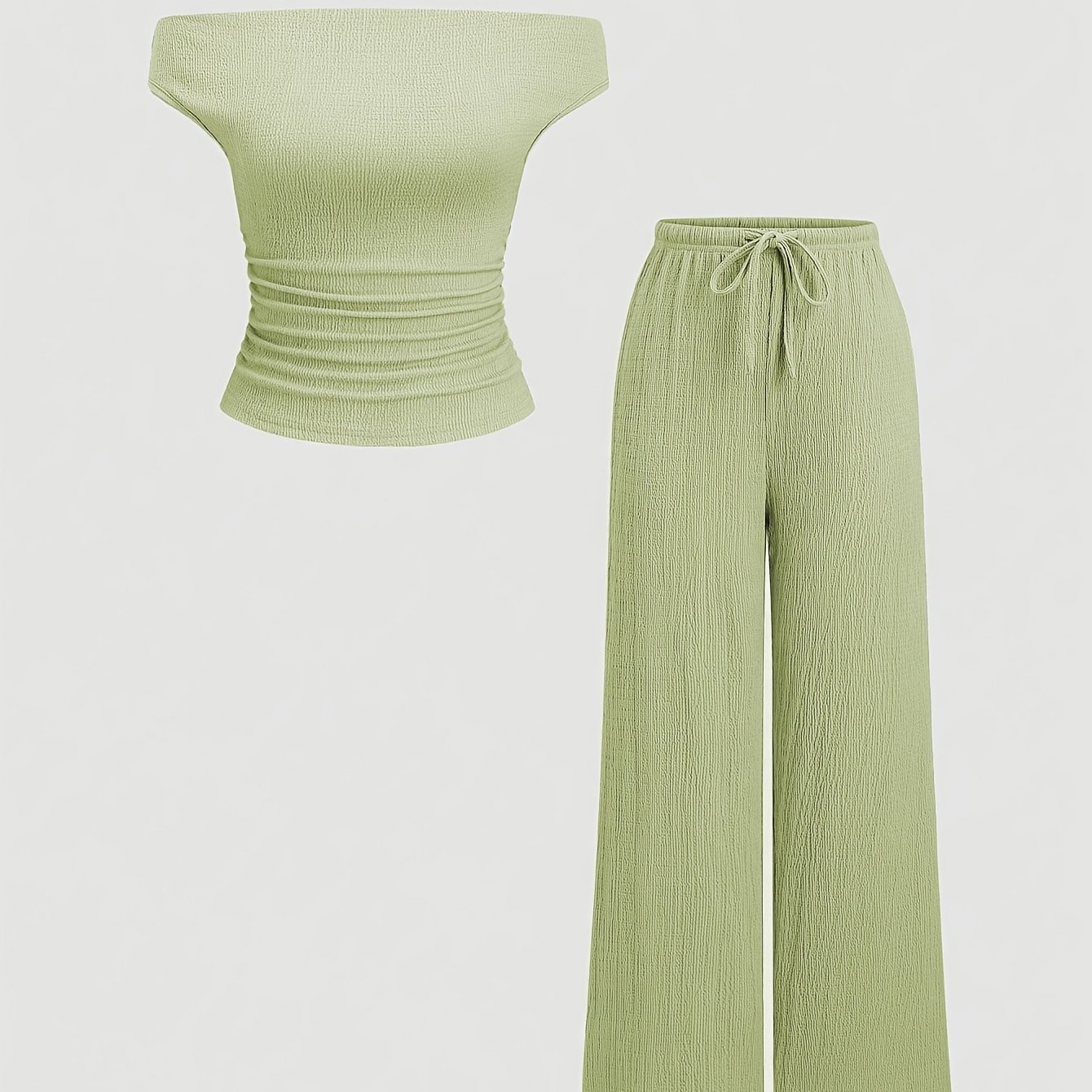 E-shop Damen-Set aus einfarbigem schulterfreiem T-Shirt weiten Hose mit Bindegürtel
