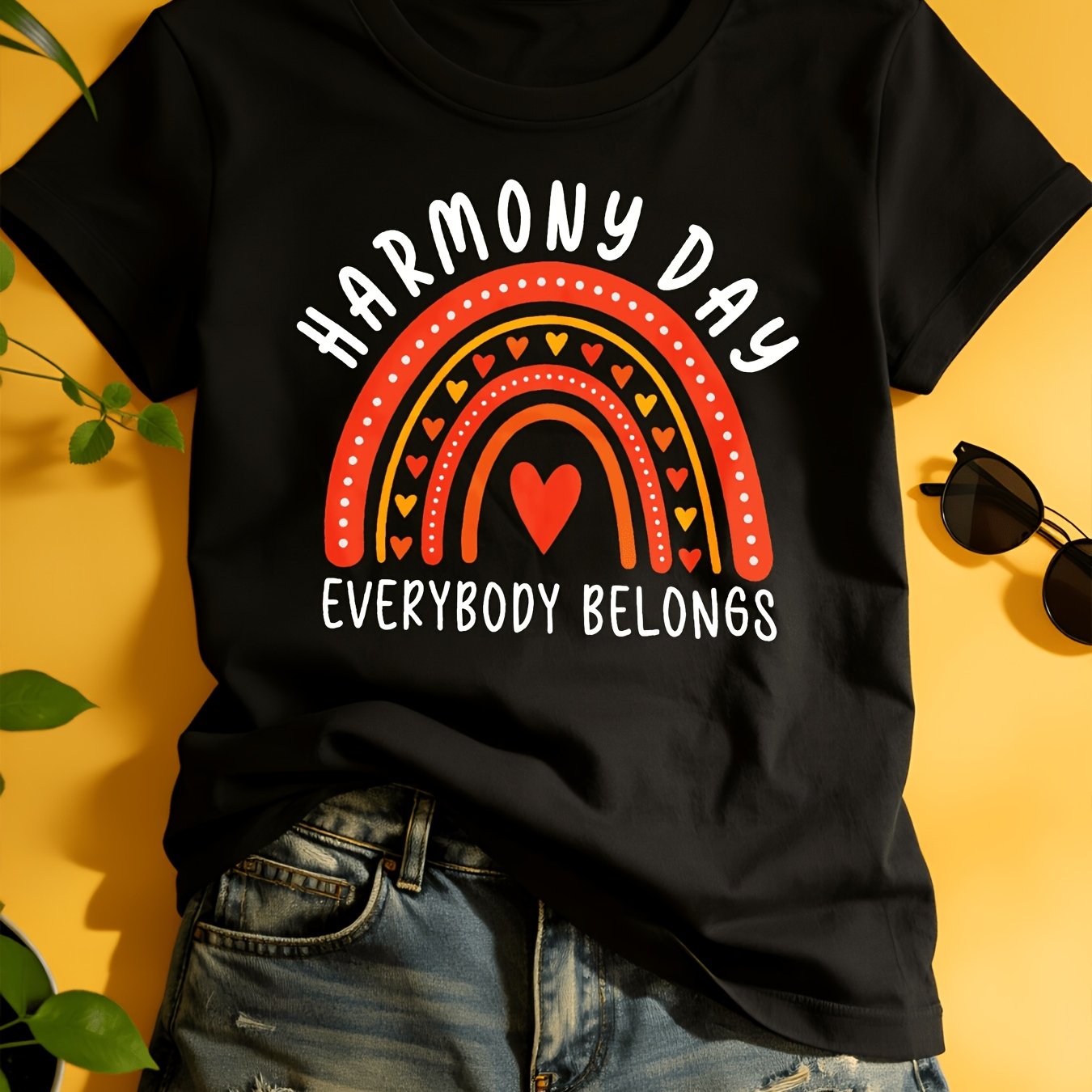 TEMU Day Print Rainbow Heart Graphic Casual Round Neck Short Sleeve For Lovers Great Gift-unisex Holiday Gift Casual Outing 2026 New Style T-shirt