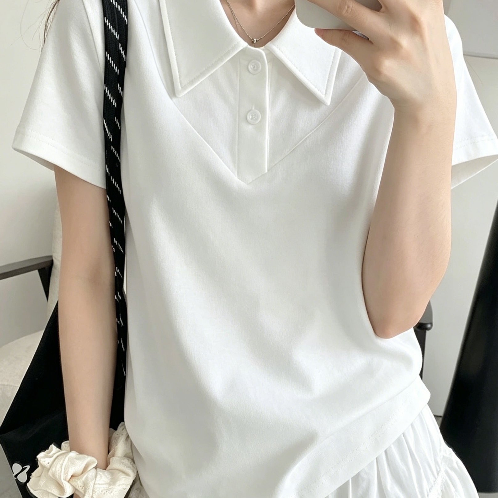 TEMU Women's Summer Korean-style Lapel Short-sleeve T-shirt, Two-button Loose Fit Casual Versatile Top, Simple And Short-sleeve Single Piece Top
