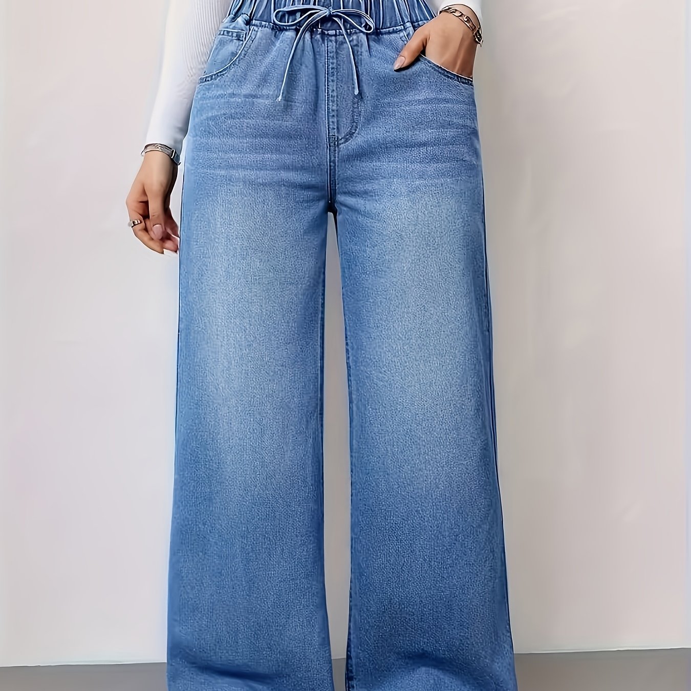 TEMU Women's Washed Solid-color High- Pants Stylish Casual Elastic Drawstring Waistband Wide-leg Pants Versatile Commuter Style