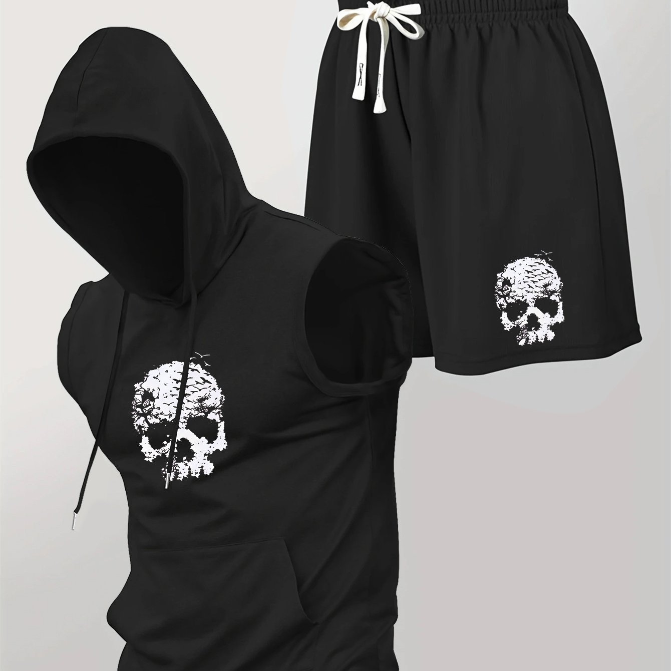 TEMU Completo estivo casual sportivo senza maniche con cappuccio e pantaloncini, kangaroo in tessuto maglificato, stampa per attivit� due pezzi
