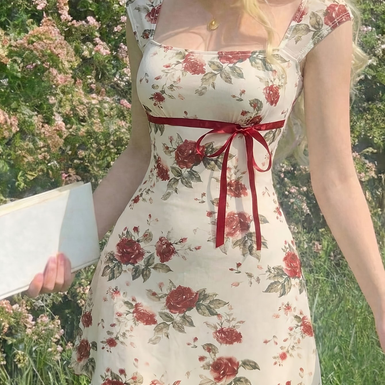 TEMU 화이트 배경 장미 프린트 스퀘어 넥 드레스, 여름 퓨어 디자이어 스타일 레드 리본 허리 조임 숏 힙업 드레스, 스위트 스타일 장미 프린트 드레스, 여름 데이트 레드 리본 허리 조임 메쉬 미니 스커트