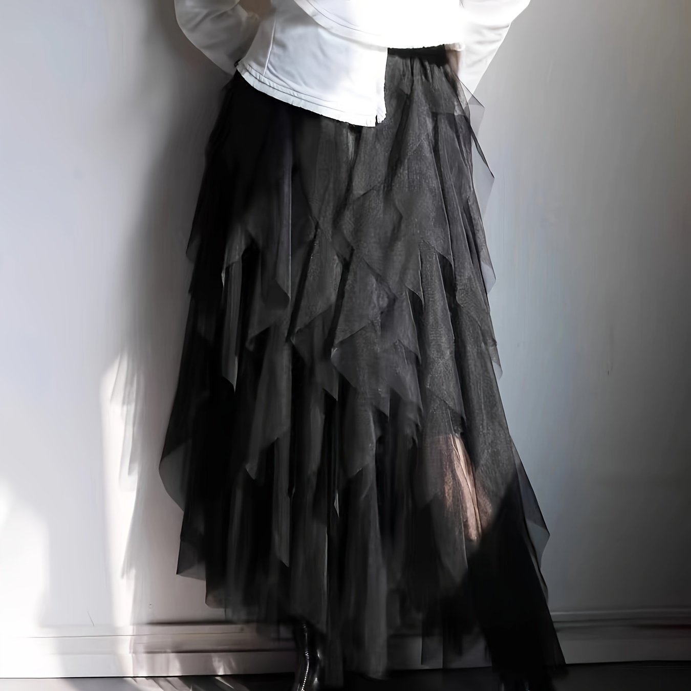 Solid Color Ruffle Decor Mesh Skirt, Casual Elastic Waist Asymmetric Hem  Skirt, Women's Clothing