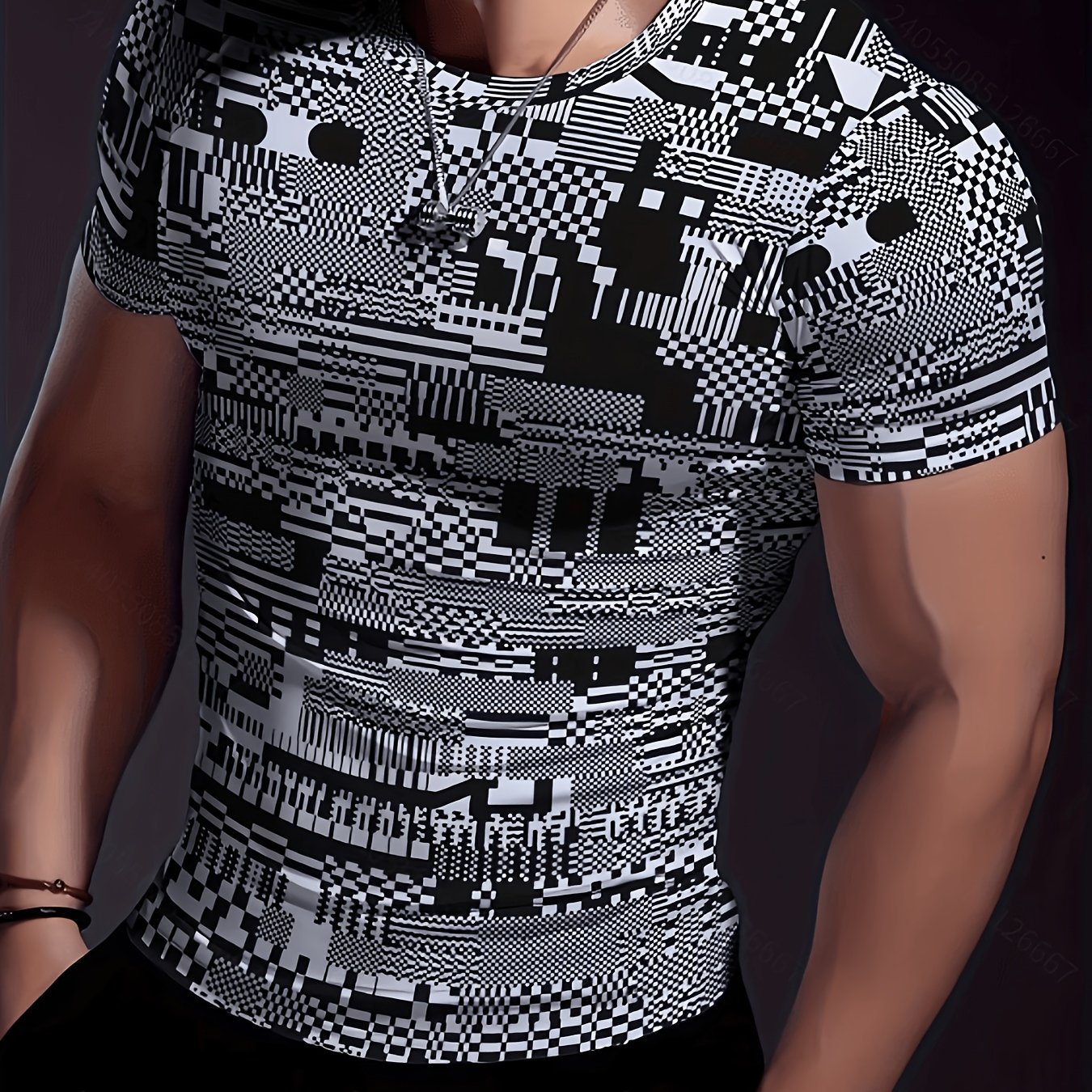 TEMU Pixel Block - T-shirt da a maniche corte, aderente, fitness, e confortevole, stampata , street style, vestibilit� slim, spalle scese