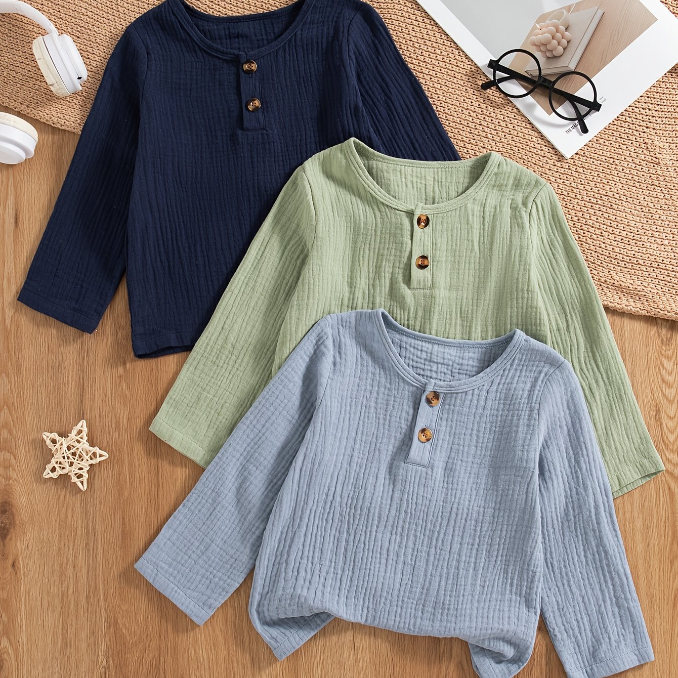 Image of 3pcs Multi-piece Set Casual Outing Fashion Solid Color Half-button Long Sleeve Round Neck T-shirt Top Spring Autumn, Boys And Gilrs Clothes