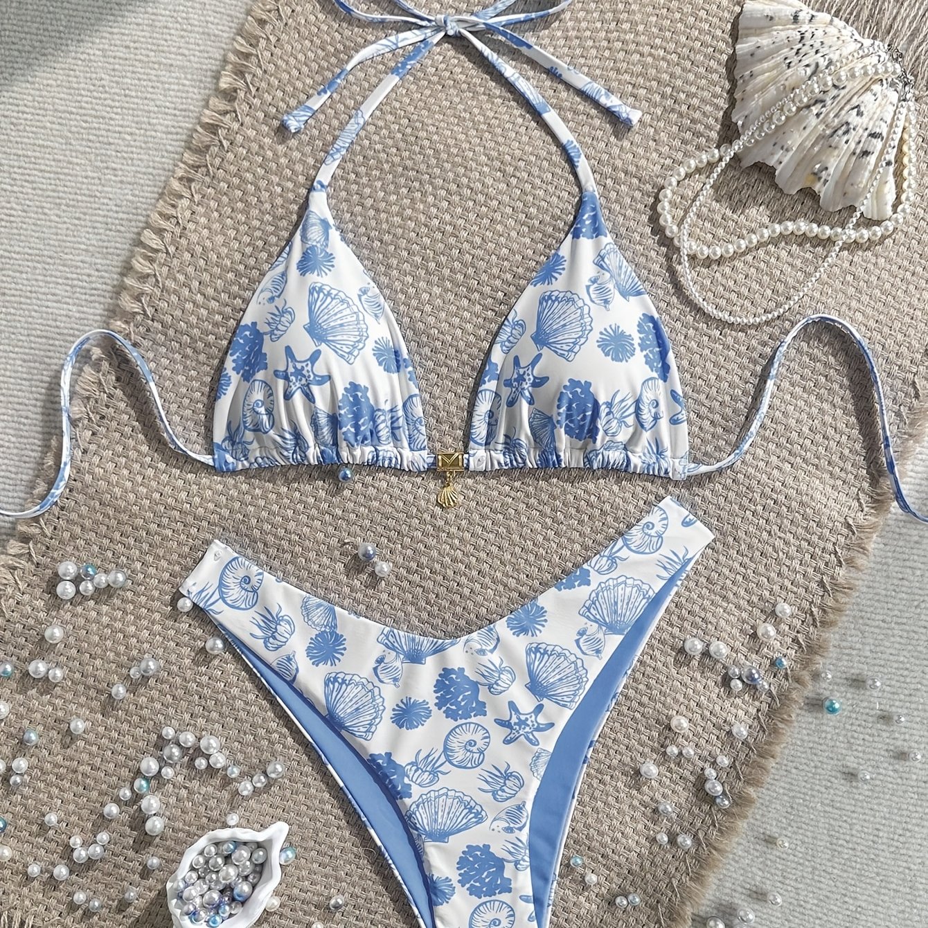 TEMU New 26-year Style 2pcs Set, Summer Holiday Random Metallic Decorated Halter Triangle Bikini Top And Bikini Bottom, Sexy Bikini Set