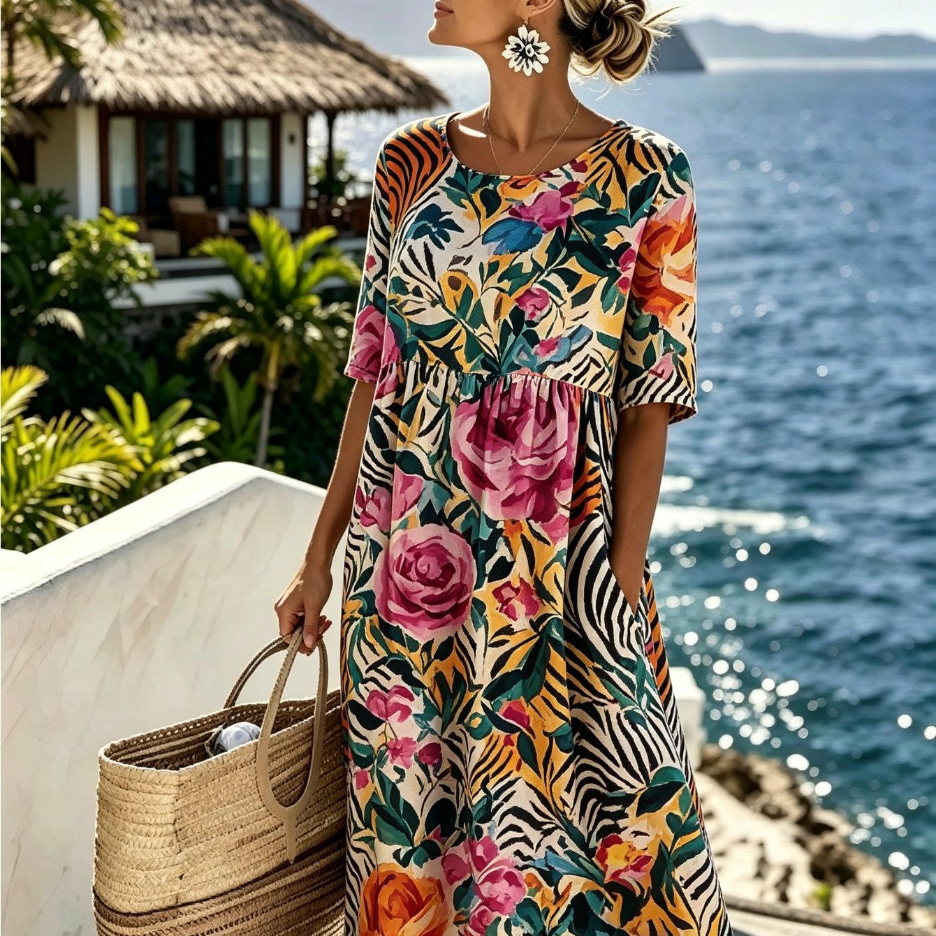 Women's Geometric Print Midi Dress - Round Neck Half Sleeve With Pockets, Casual Loose Fit Summer Dress For Vacation Beach Daily Wear