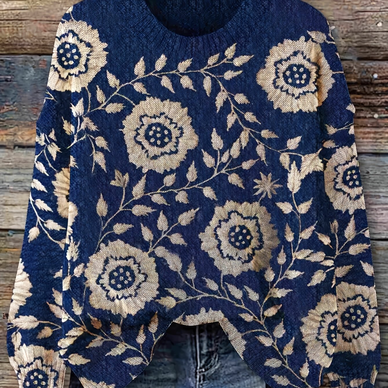 Image of 2d Flat Pattern [yy1213052] Fall New Girly Versatile Pullover Long Sleeve Women's Top Floral Pattern Flat Trendy Women's Wear Round Neck Women's Sweater