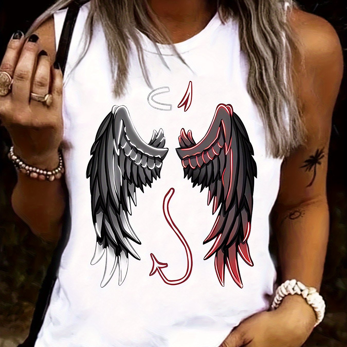 Image of Wings Crew Neck Tank Top, Casual Sleeveless Top For Summer, Women's Clothing