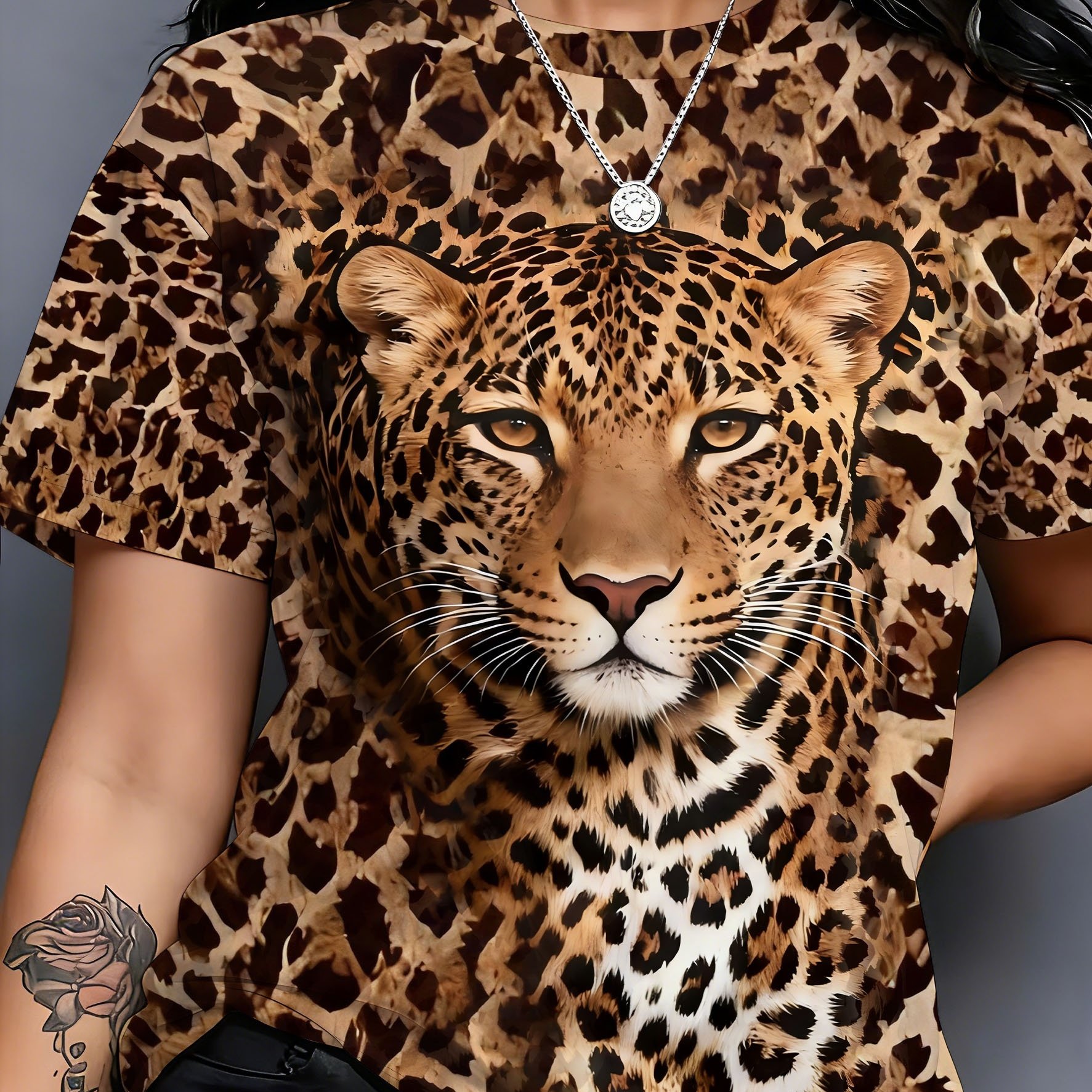 TEMU [printed Design - No Texture] Y2k Leopard Print Short Sleeve, Leopard Print T-shirt, Plus Size Women's Fashion Leopard T-shirt, Women's Casual
