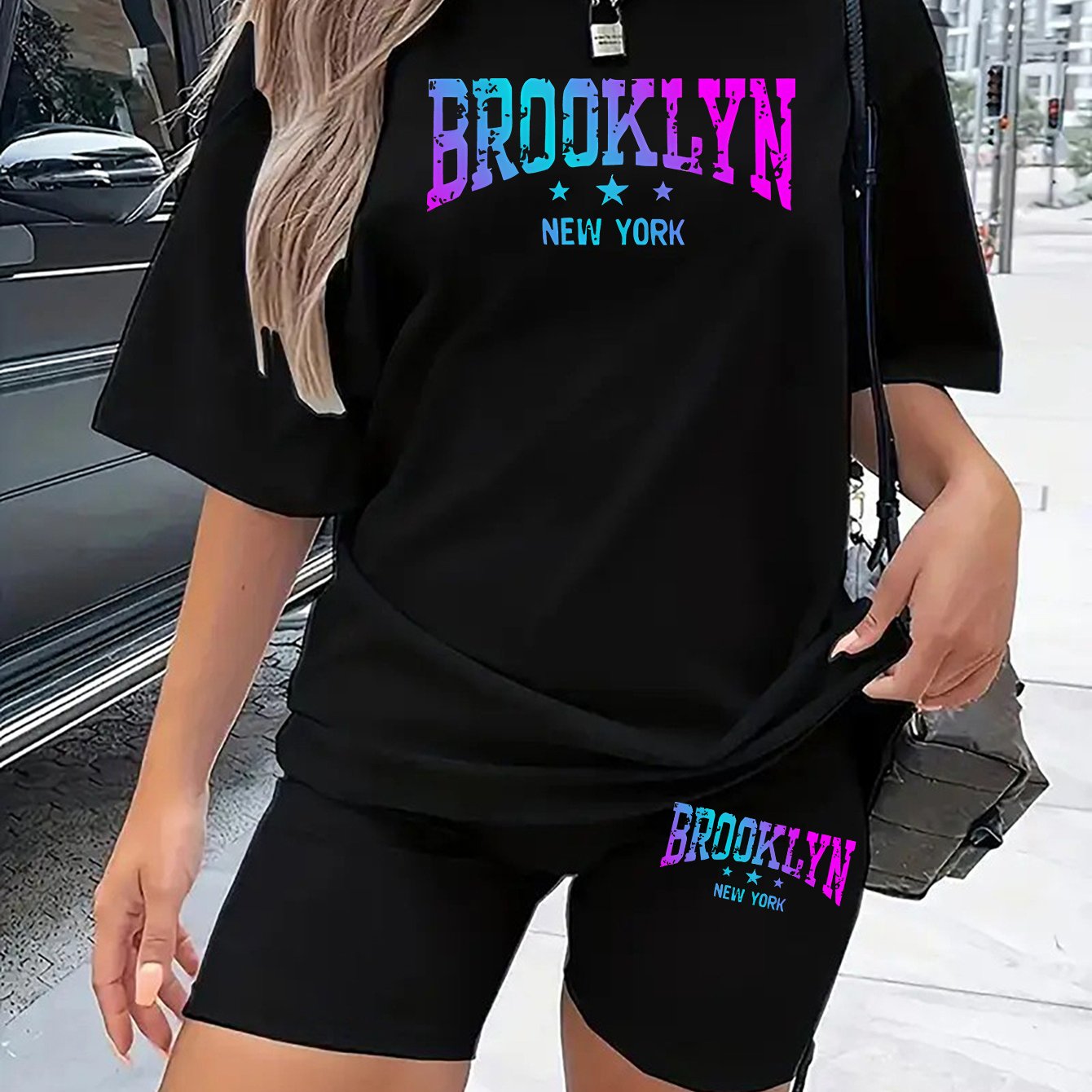 TEMU Women's Stylish Brooklyn Printed Two-piece Set, Featuring A Short-sleeve T-shirt And Biker Shorts, Perfect For Casual Spring And Summer Wear