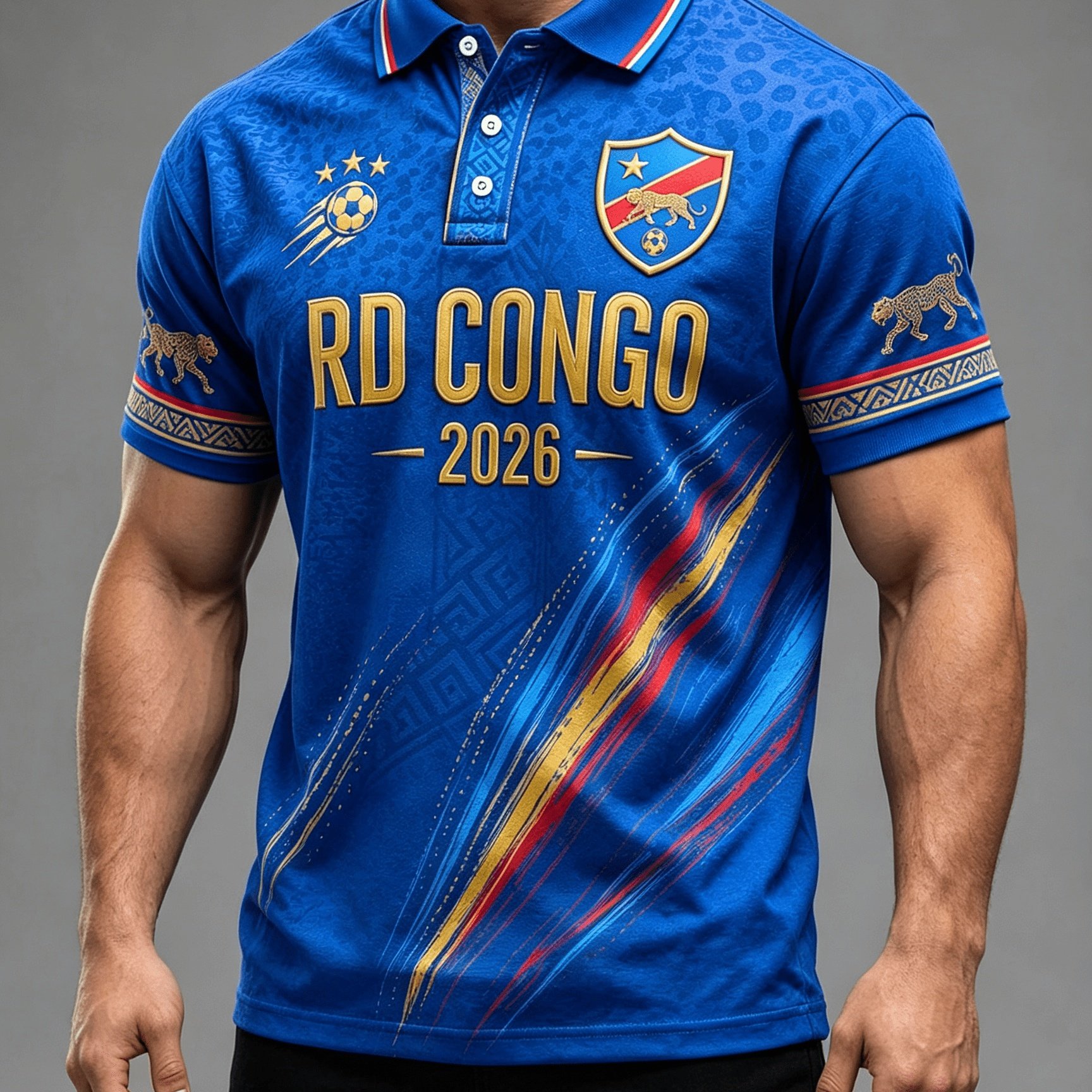 TEMU [printed Design - Non-textured] 2026 Lapel Short Sleeve Shirt, Gradient Leopard Print Rd Congo 2026 Soccer Jersey, Soft Athletic Casual Shirt,