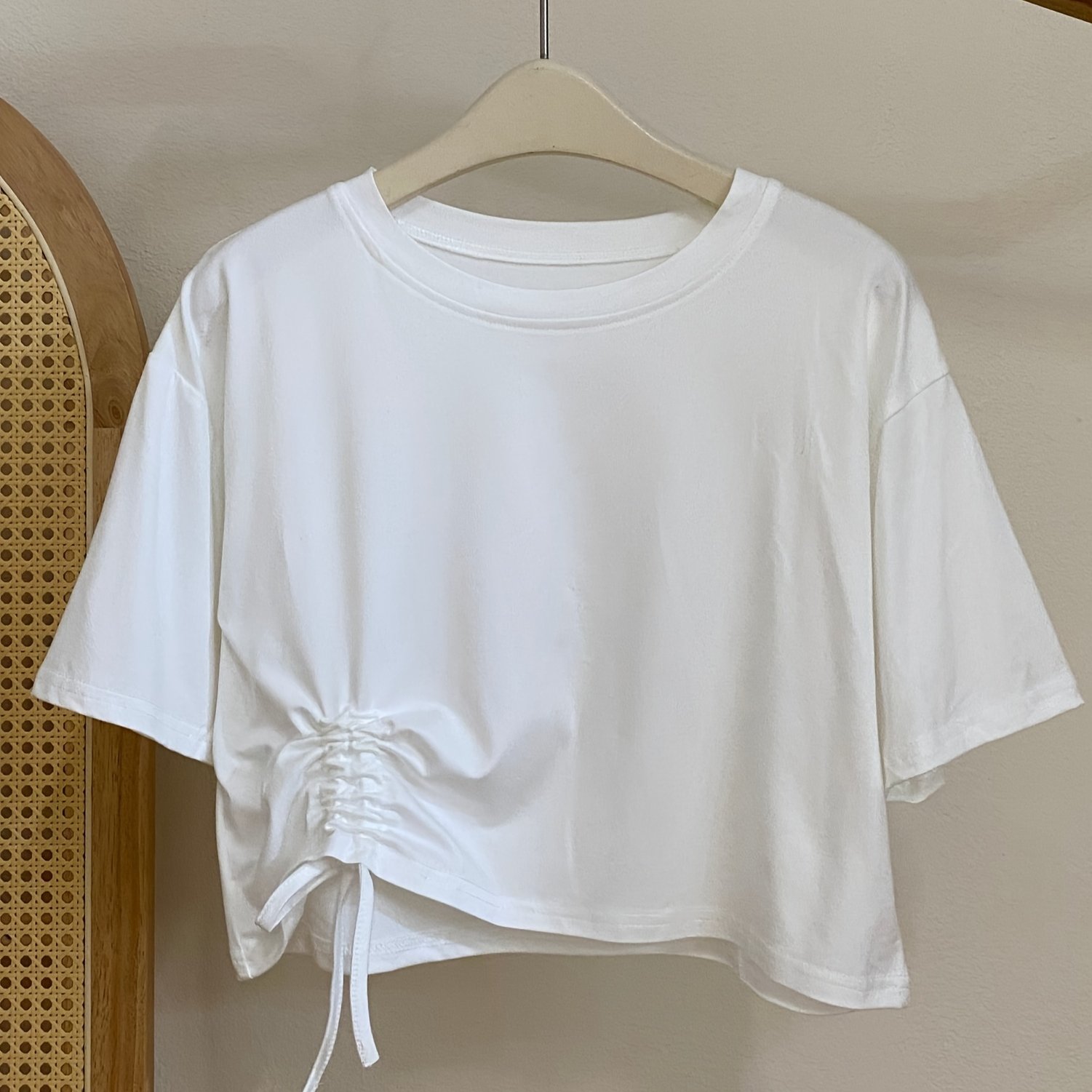 TEMU 1 Camiseta de mujer de color sólido con cordón y cuello , nueva
