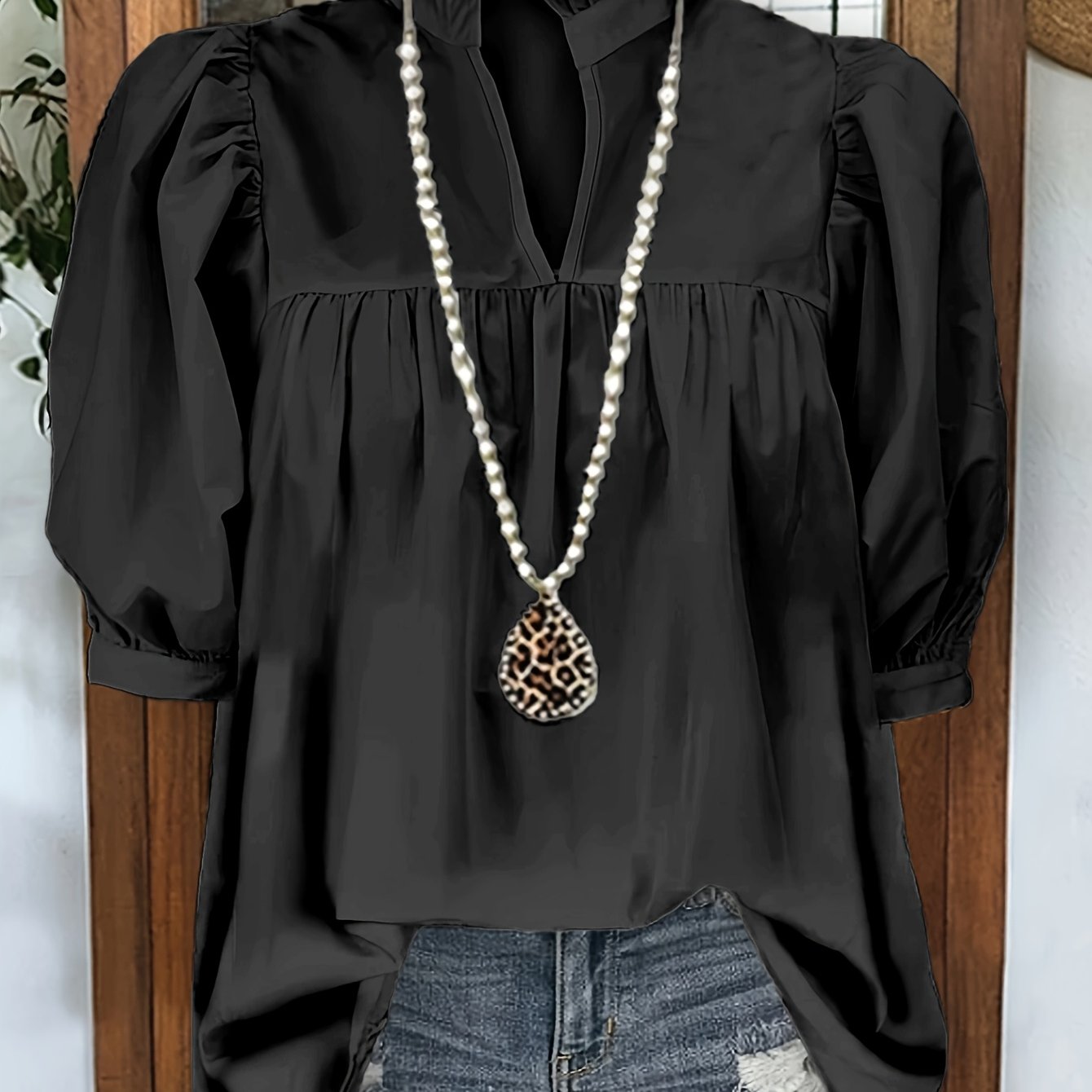 New Women's Fashion Casual Solid V-neck Button-up Puff Sleeve Short Sleeve Shirt