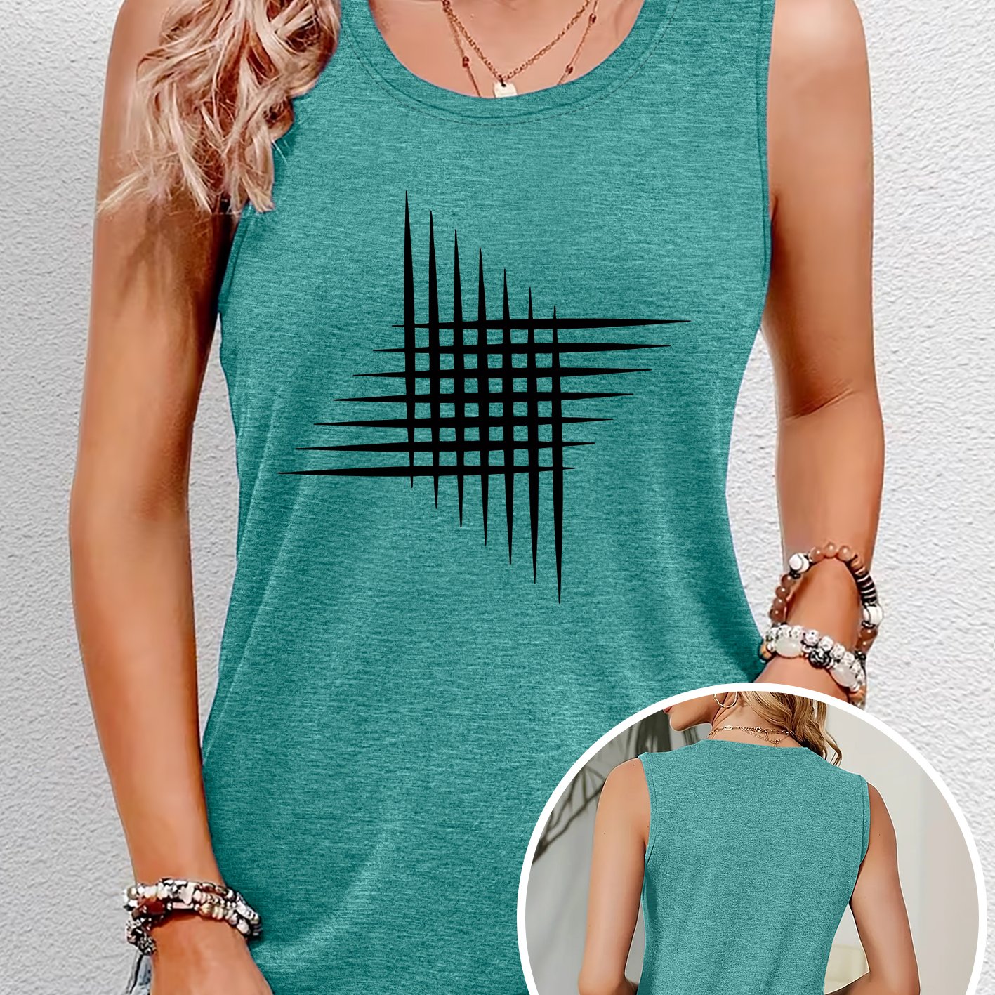 TEMU Camiseta de Tirantes de Mujer con Estampado de Cuadrícula de Líneas, Cuello , Cómoda, , Transpirable, Regalo de Verano, Estilo Casual Retro