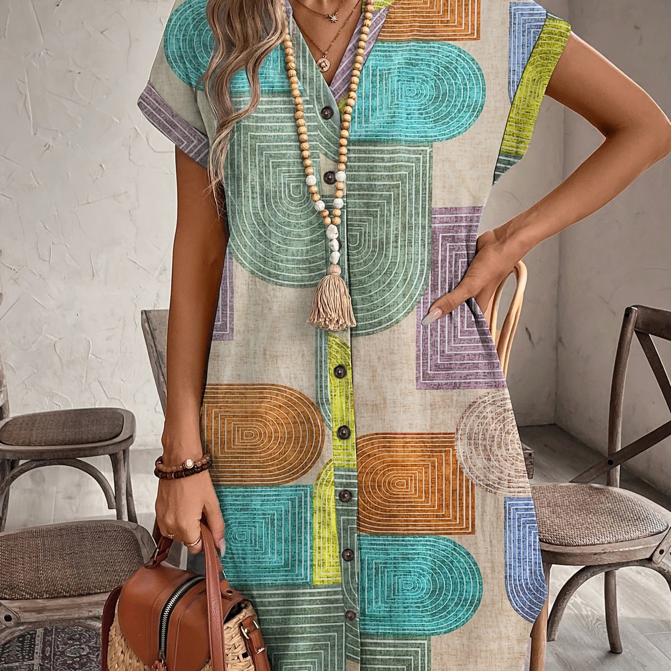 Women's Summer Printed Elegant V-neck Button Women's Dress