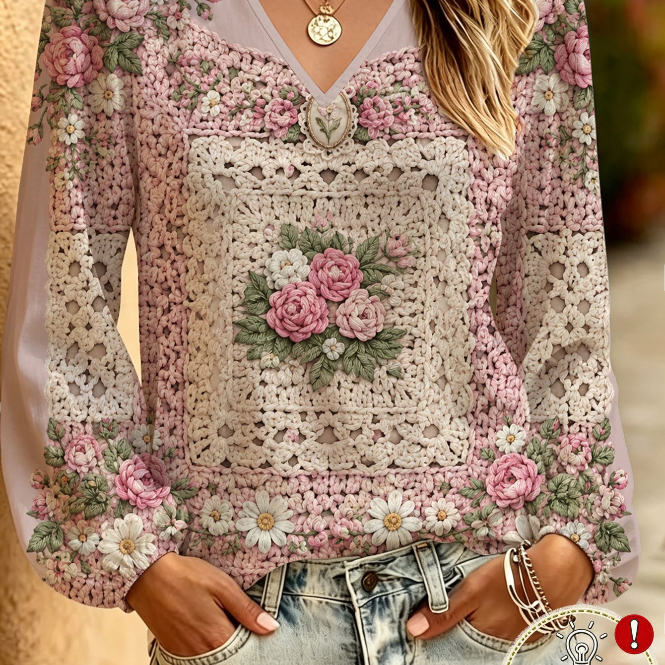 TEMU Digital Printing Vintage Floral Crochet Ladies' Printed Longsleeved Shirt Office Park Beach Party Cafe Casual Wear