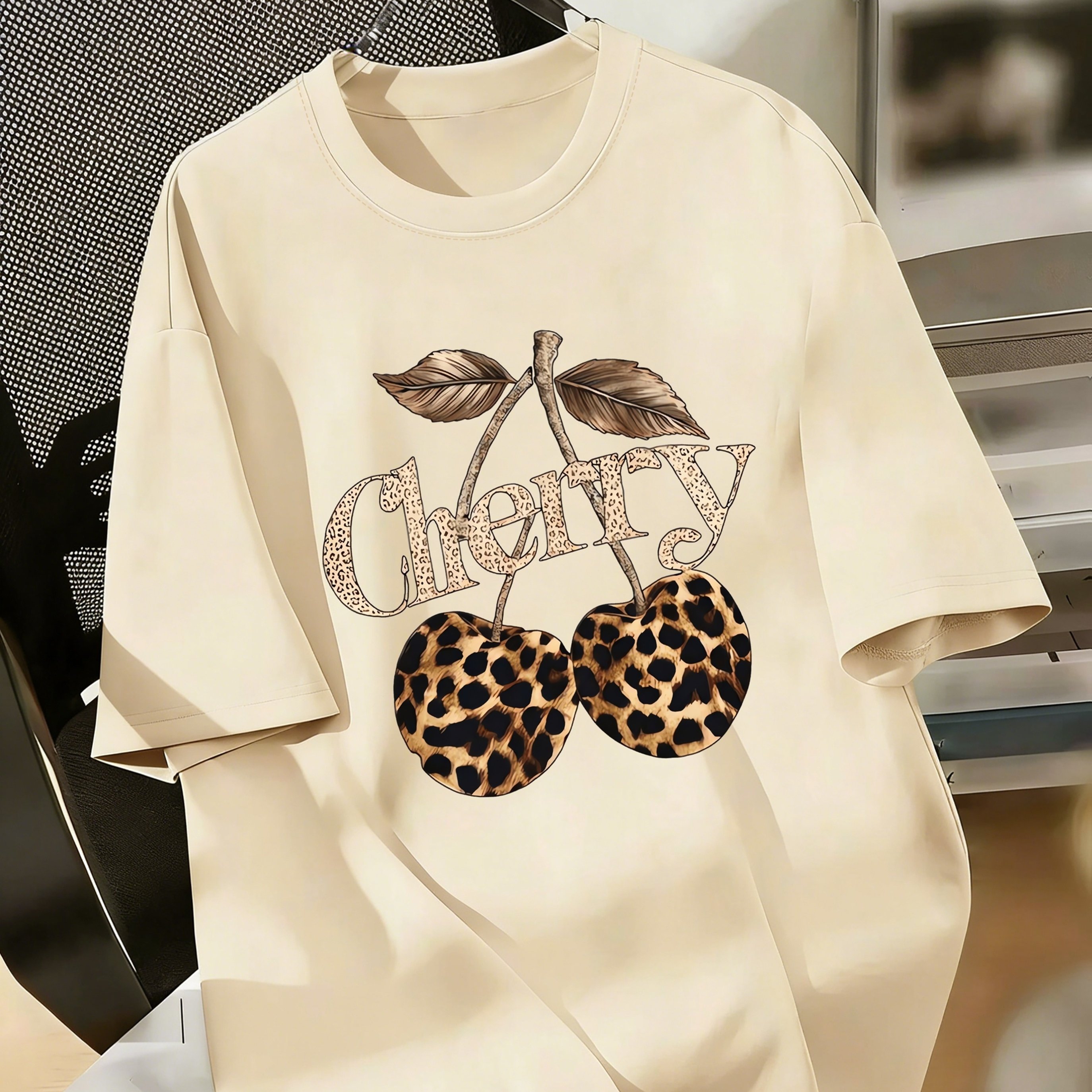 TEMU Women's Vintage Leopard Print Cherry Pattern T-shirt, Leopard Print Apricot Short Sleeve T-shirt, Women's Spring/summer New Casual Fashion Round