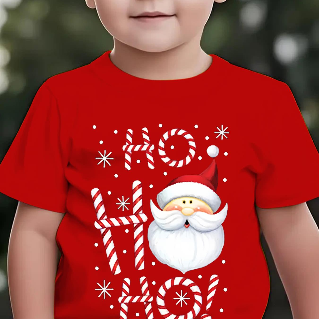 Image of Christmas Summer Boys' Fashion Short Sleeve Ho Santa Claus Cartoon Pattern Print Outdoor Casual Top Ny-dx4859