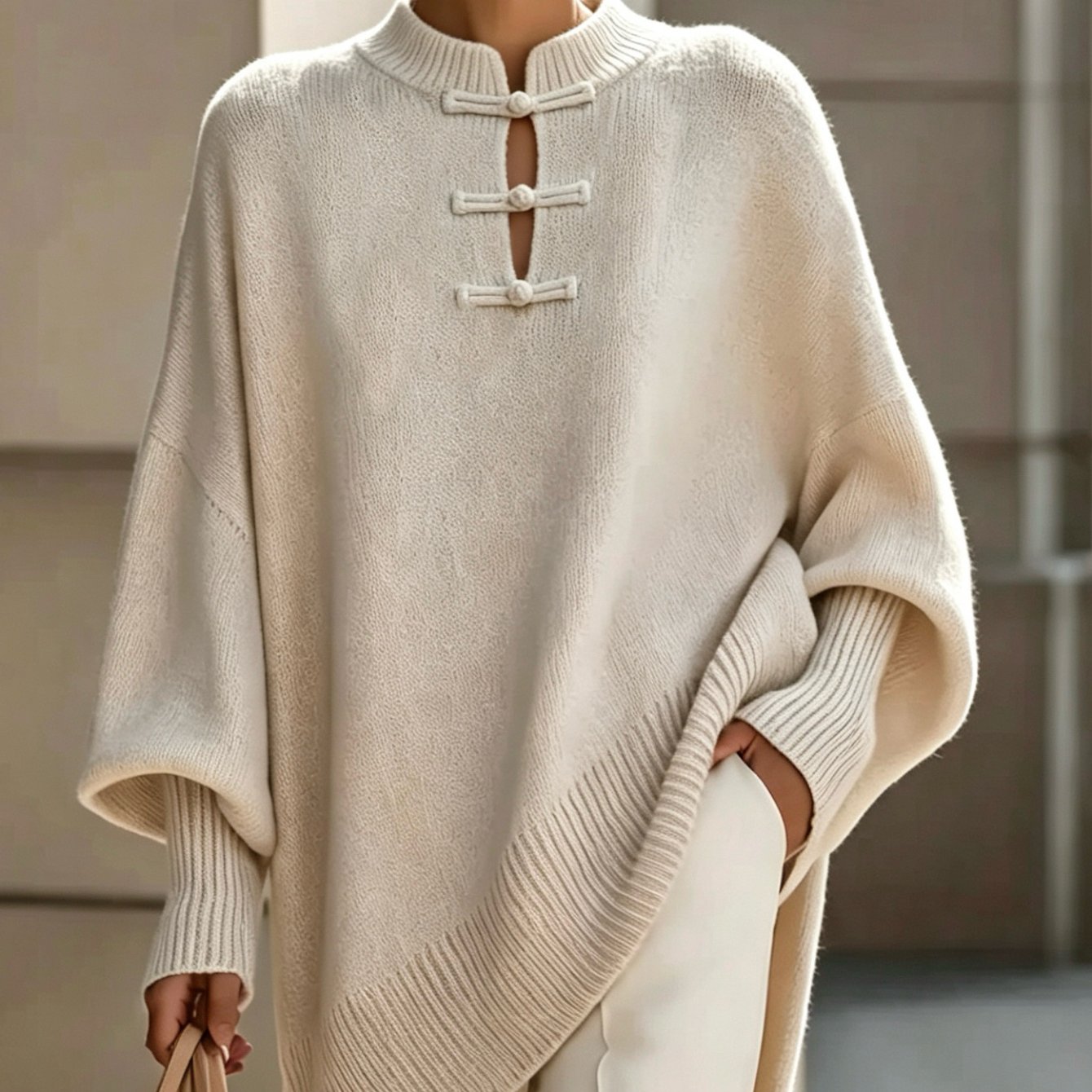 TEMU Plus Size - Middle Eastern Chinese Elegant Casual Loose Style Women's Casual Round Neck Button-up Solid Color Sexy Slim Fit Pullover Sweater,
