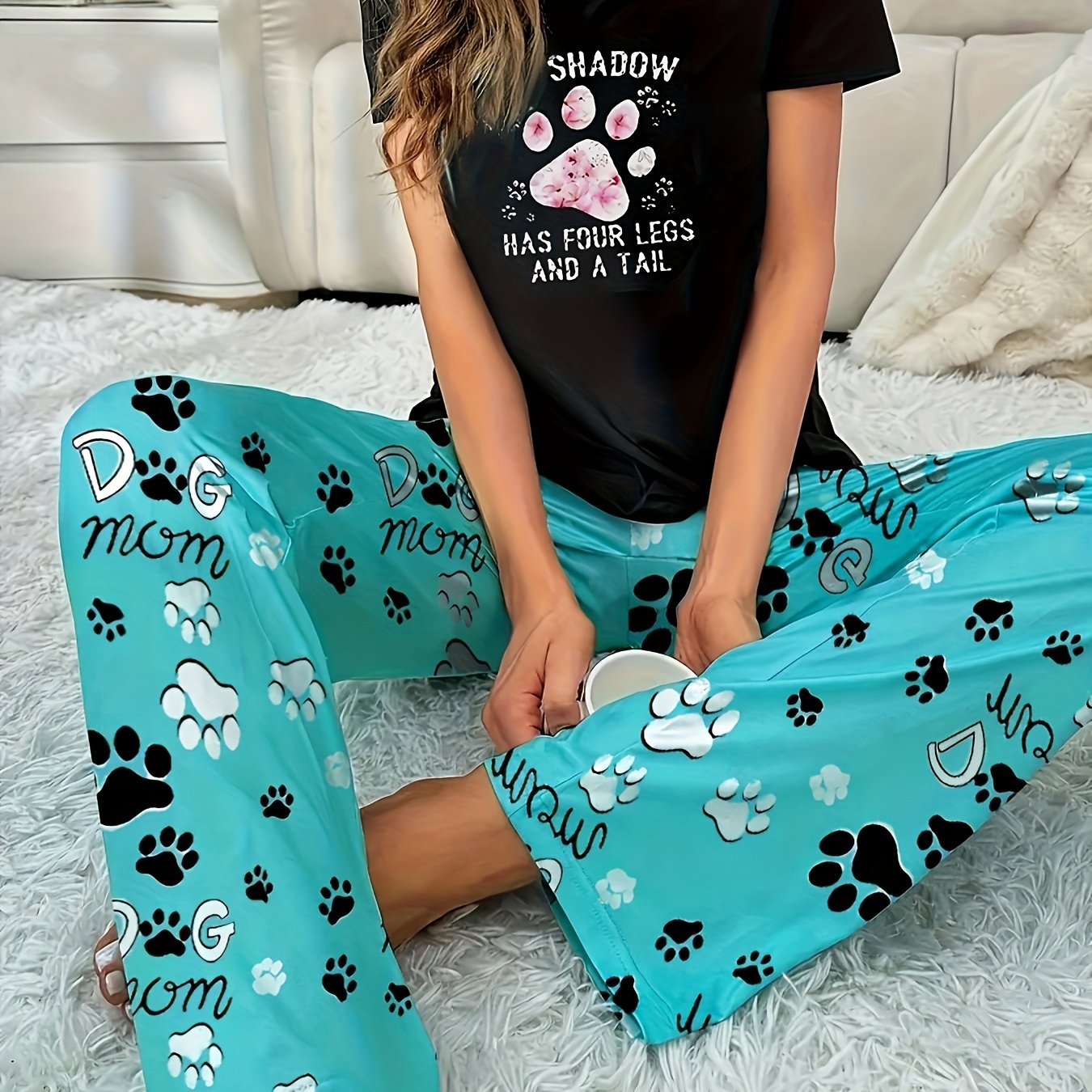 2pcs Women's Pajama Pants And Letter Cat Paw Print Top