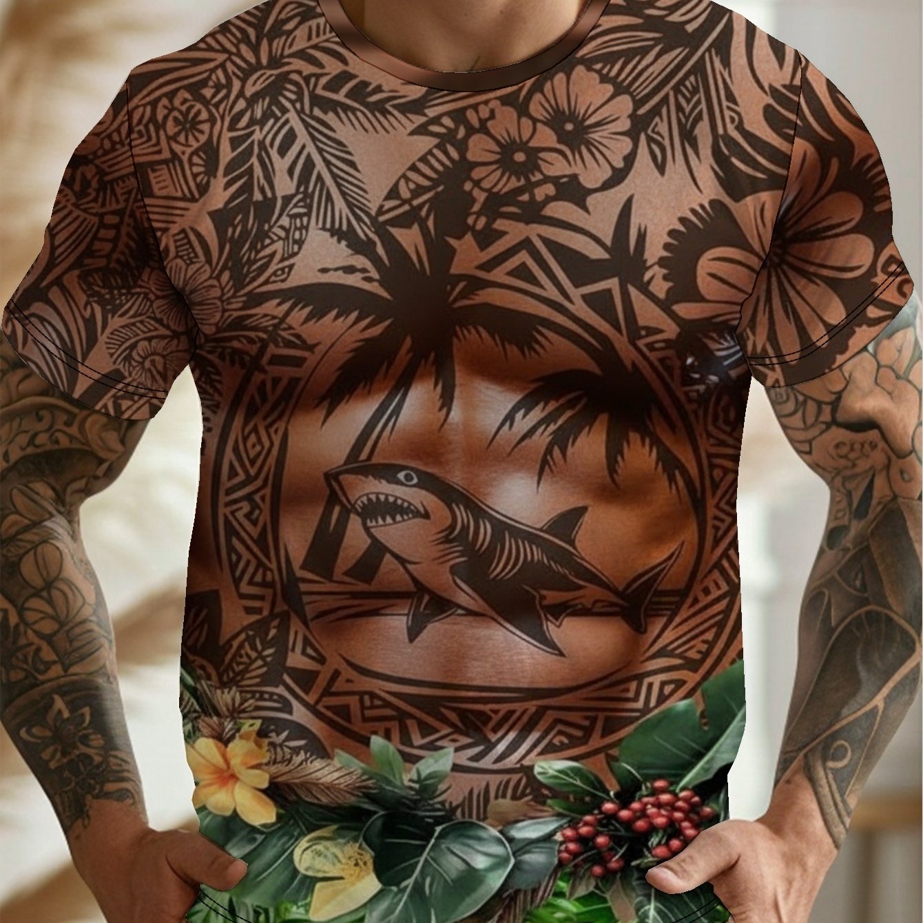 TEMU Men's Print T-shirt - Tribal Style Short Sleeve, Breathable Summer Casual Wear, Machine Washable, A Perfect Gift