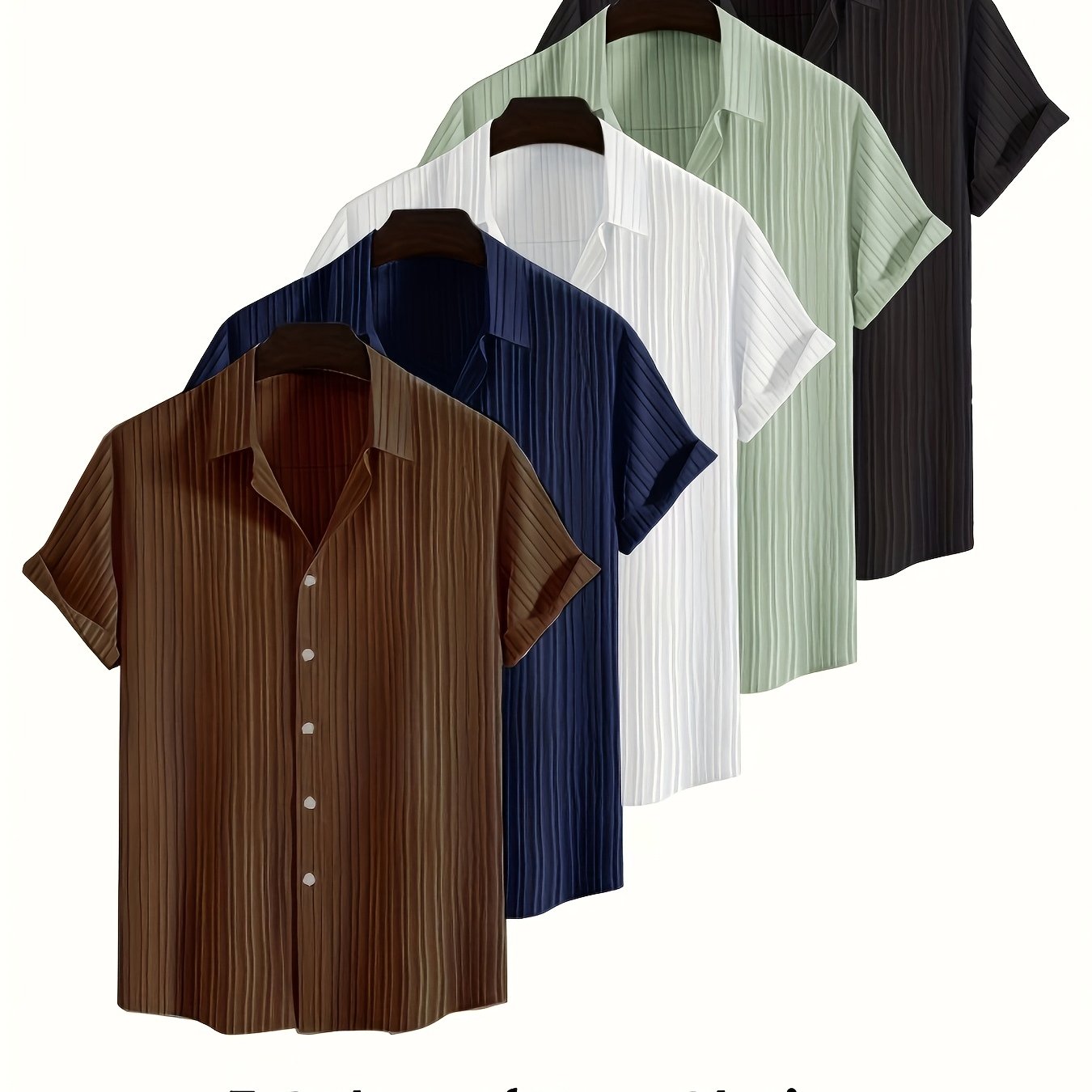 5pcs Men's Casual Solid Color Short Sleeved Lapel Button Up Shirt - Breathable Polyester, Classic Suitable For Business, Weddings, And Formal Events