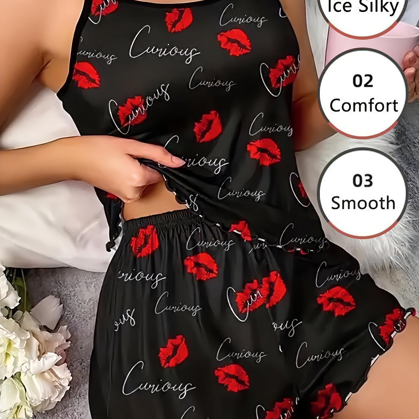 Sexy Red Lip And Letter Print Lettuce Trim Set, Crew Neck Crop Cami Top And Elastic Shorts For Valentine's Day, Women's Sleepwear And Loungewear