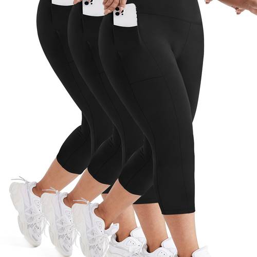 3pcs plus size high waist pocket capris stretchy comfortable polyester blend calf length with side pockets machine washable ideal for spring summer fall