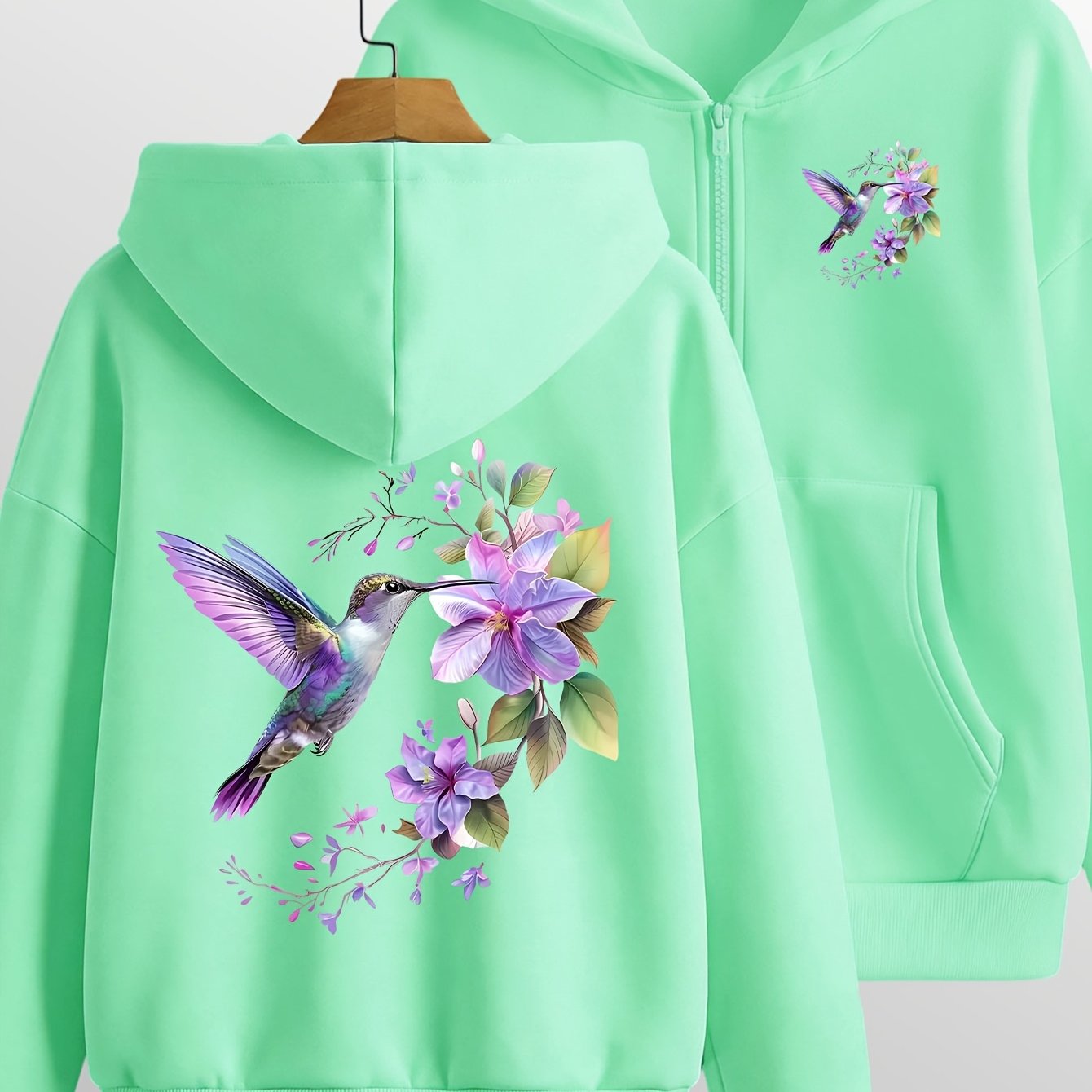 TEMU Hummingbird And Purple Flowers Surround Front And Back 2-pattern Print - Y2k Zippered Hooded Sweatshirt - Fashionable And Comfortable Jacket -