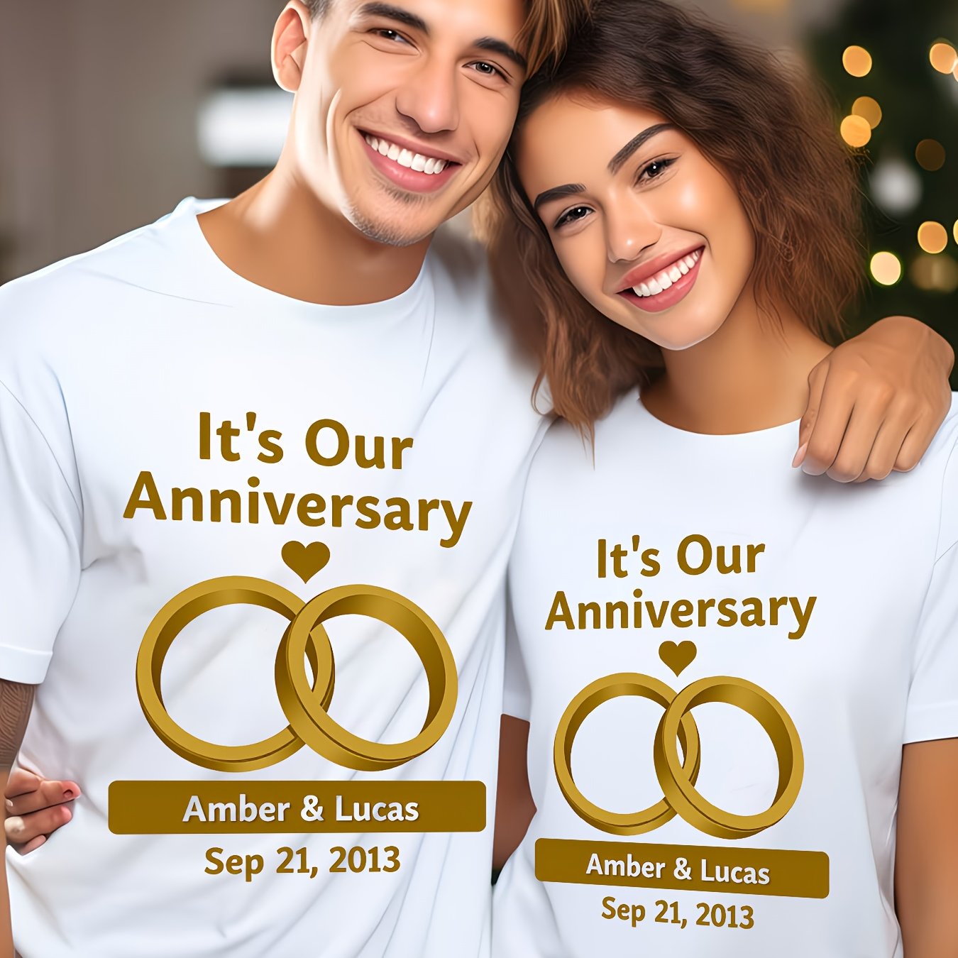 TEMU 1pc Couples Matching Anniversary Shirt | Custom Name And Date, 100%, Casual Crew Neck, Short Sleeve, Heat Transfer Printing, Ideal For Wedding,