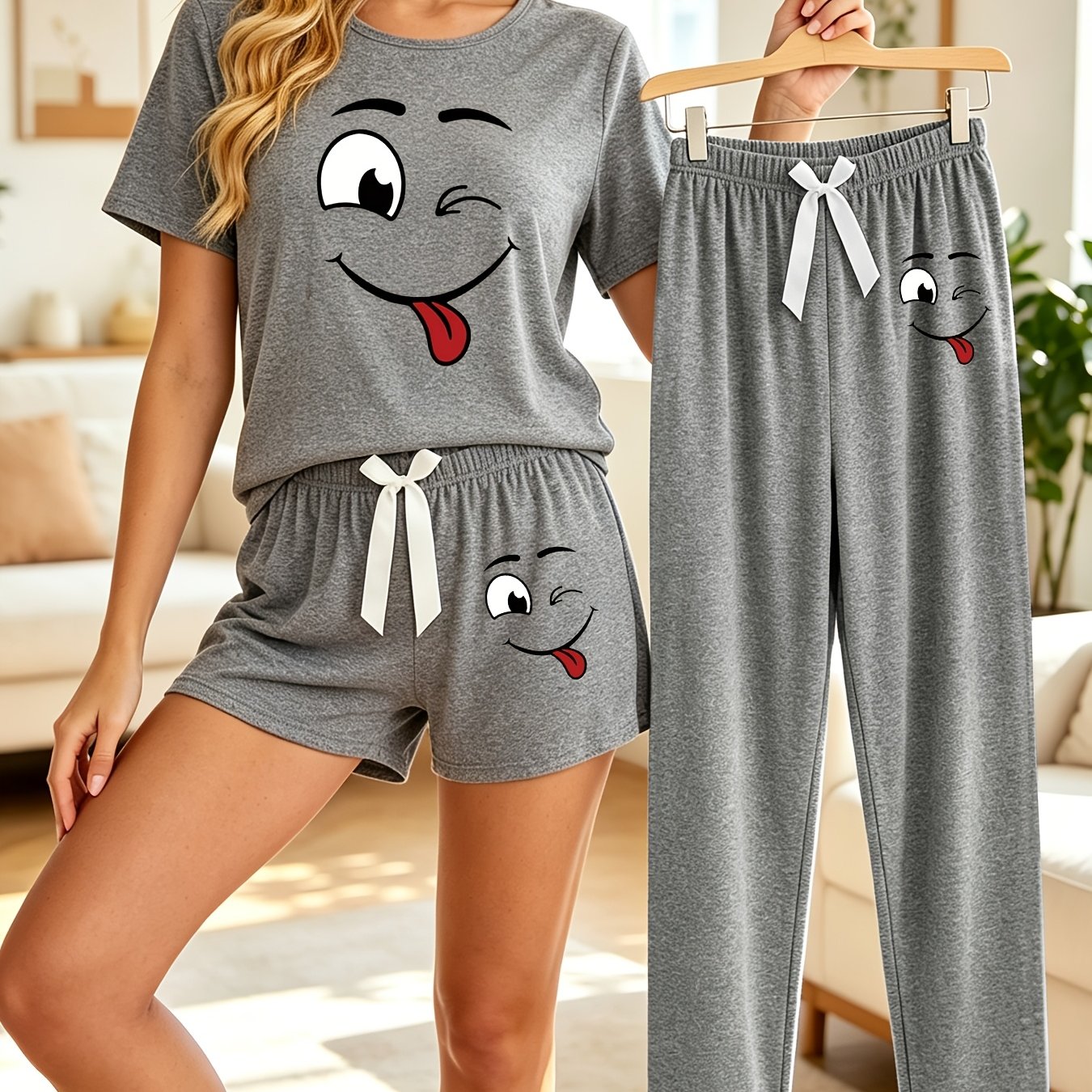 TEMU 3pcs Set Of Women's Cute Pattern Pajamas With Casual Round Neck, Short Sleeves, And Shorts/long Pants