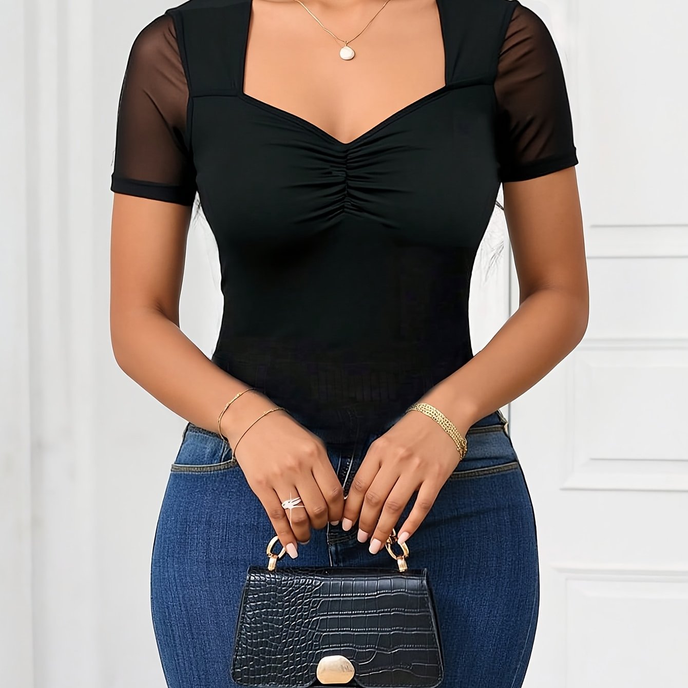 TEMU Elegant Pleated Mesh Heart-neck T-shirt For Women | Contrast Lace Detail, Solid Color, Ideal For Office Business Casual Wear