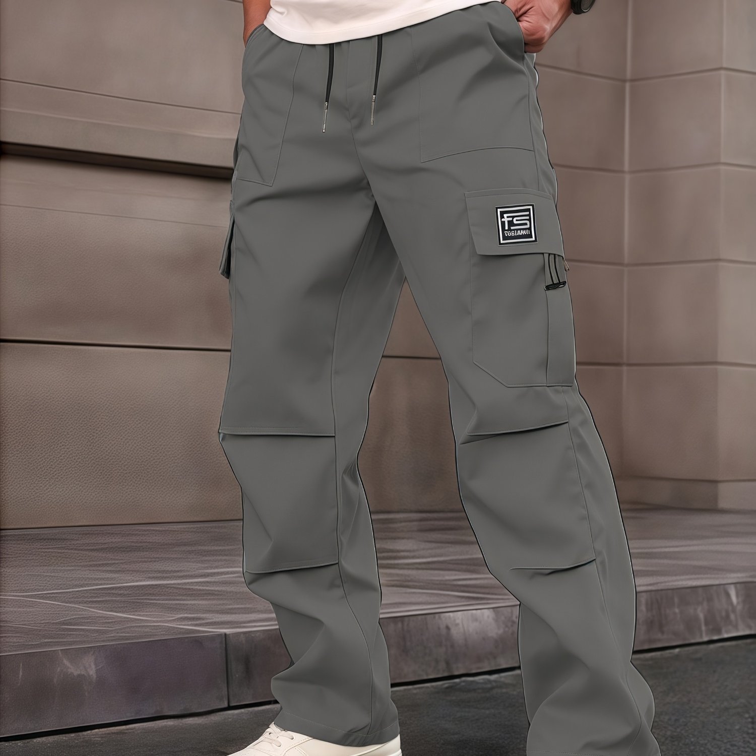 TEMU Men's Fashion Cargo Pants, Spring Autumn Loose Multi-functional Letter Patch Multi-pocket Drawstring Waistband, Casual Daily Outing Trousers,