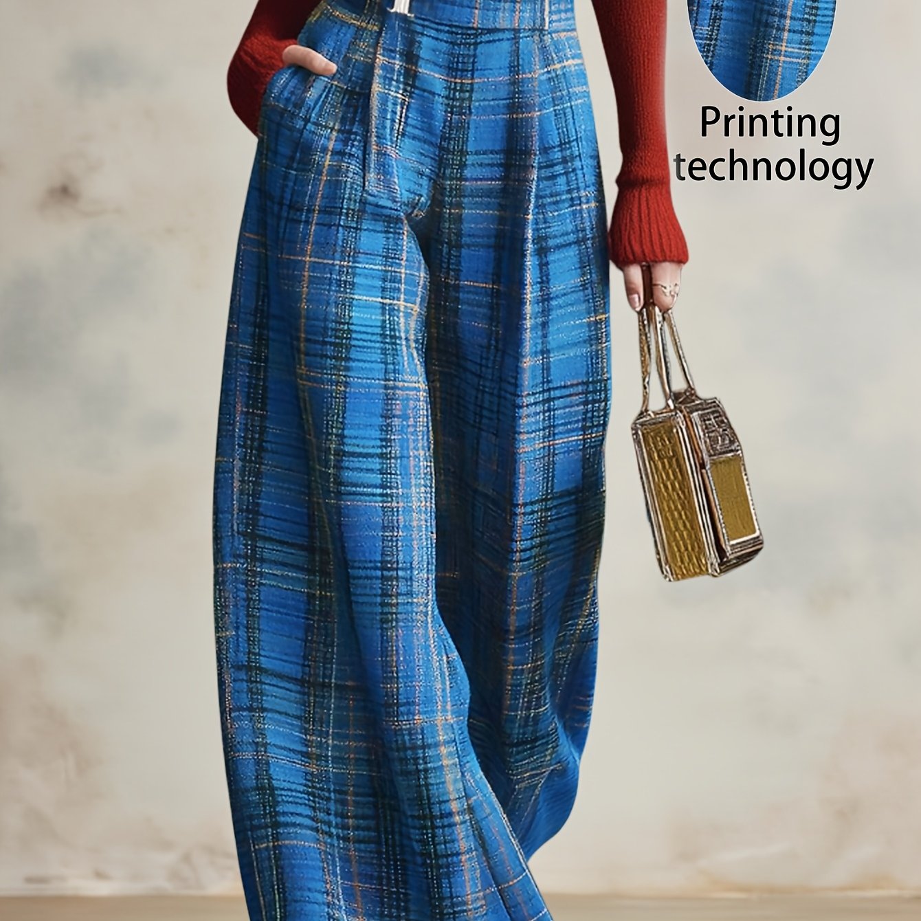 TEMU Plaid Color-block Pants Set For Women | Fashionable And Stylish Design, Suitable For Everyday And Creative Occasions