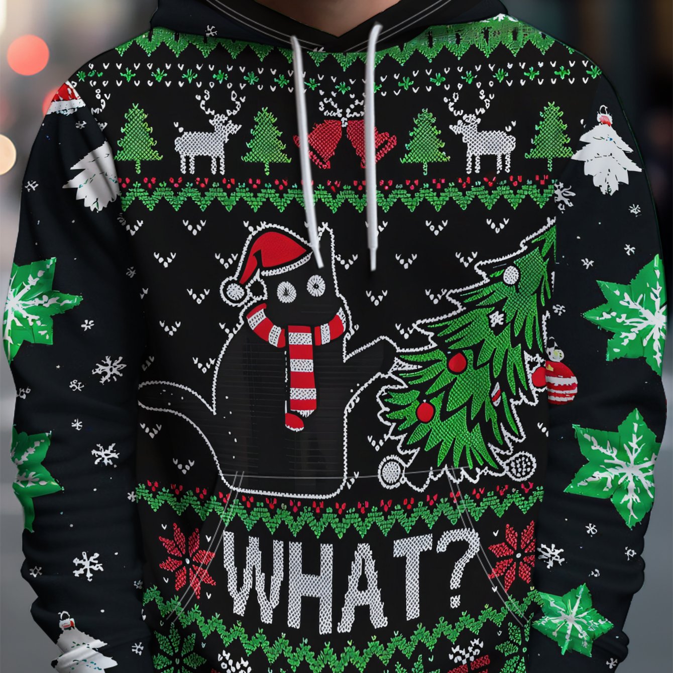 TEMU Men's Casual Christmas Sweater With Black Cat Wearing A Hat And Scarf Pushing A Christmas Tree, Hooded Sweatshirt For Autumn/winter, Men's