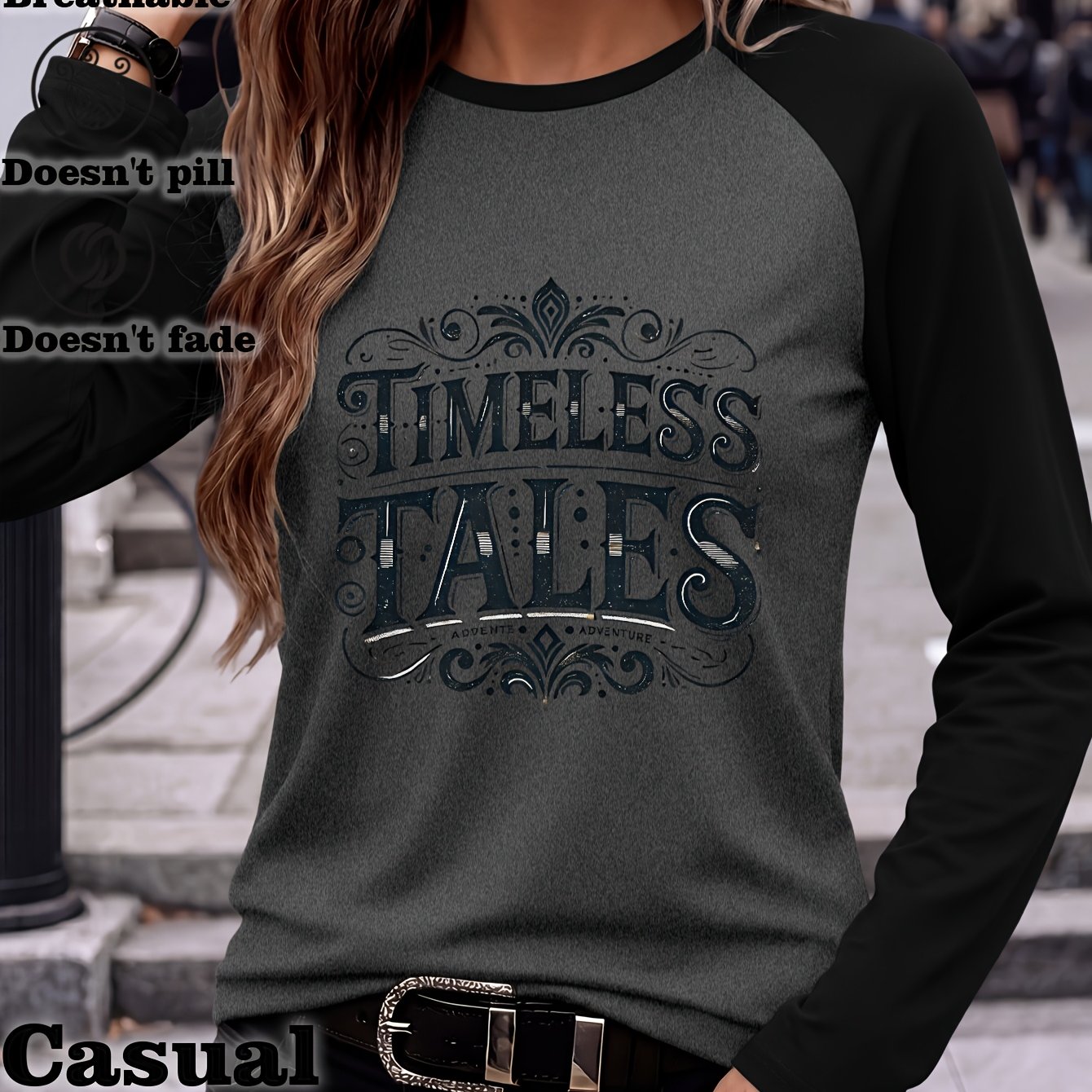 TEMU Women's Versatile Street Fashion Spring/autumn Printed Raglan Sleeve Long Sleeve T-shirt 2979