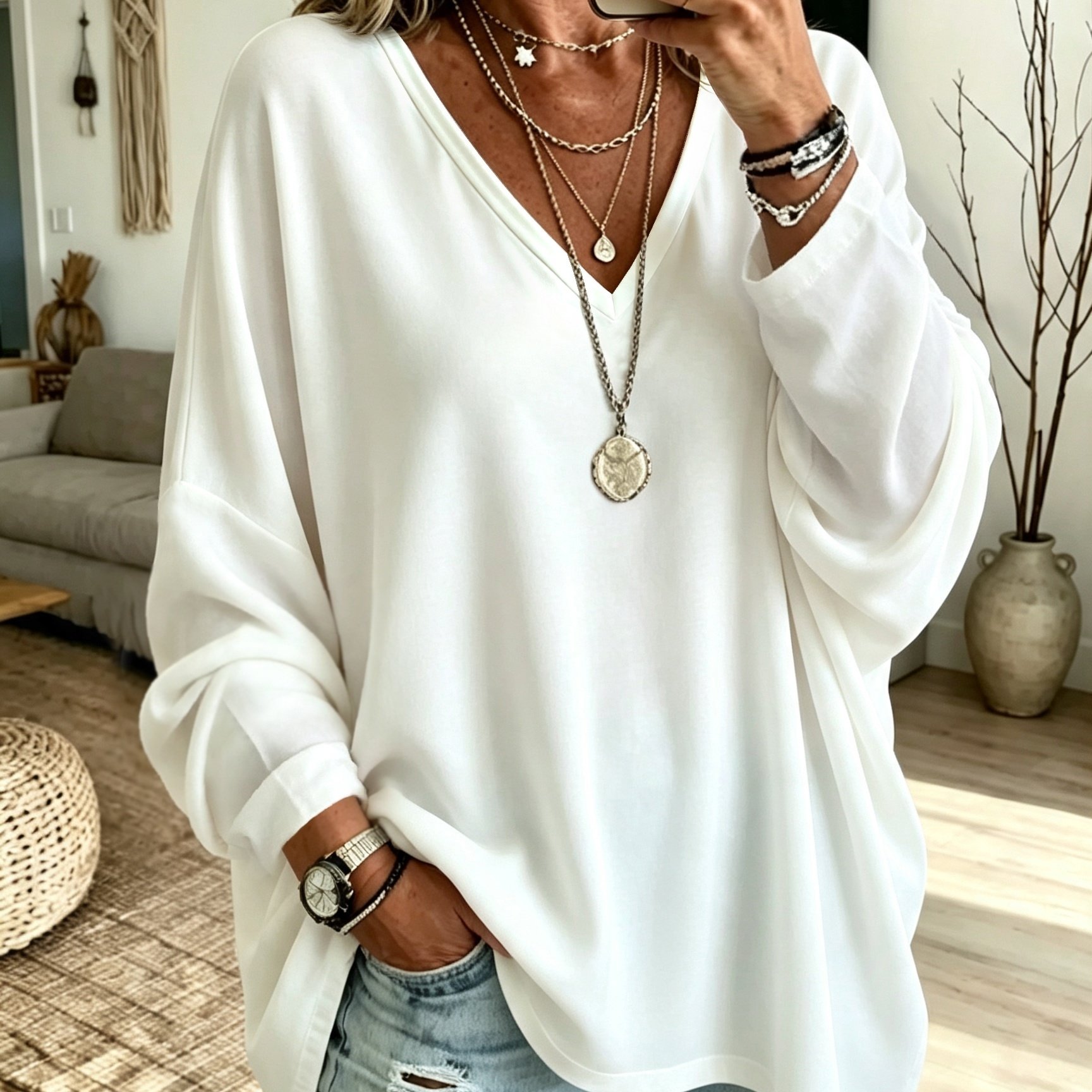 TEMU Haut grande taille pour femme à col en V, T-shirt élégant, confortable et simple à manches longues et couleur unie - Élégant et polyvalent
