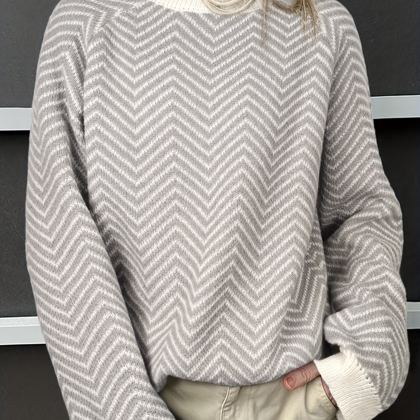 Image of Autumn Winter New Women's Elegant Retro Style Geometric Striped Contrast High Neck Long Sleeve Sweater