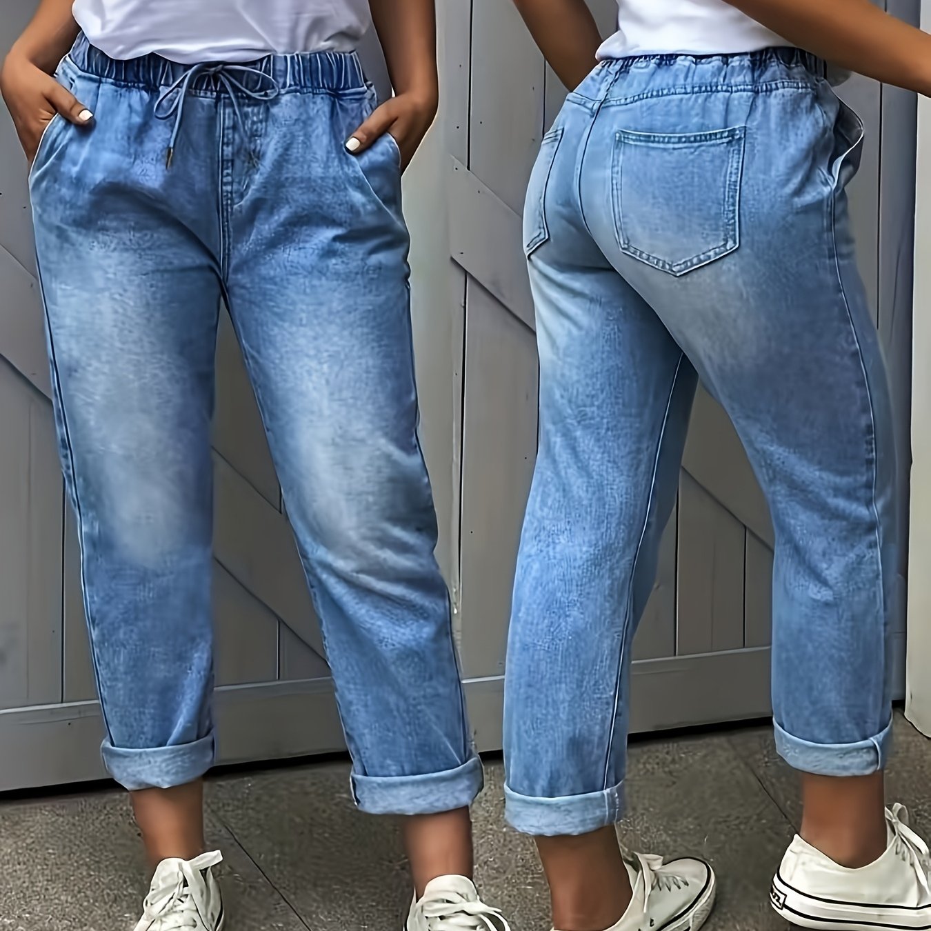 Women's Elastic Waist Drawstring Casual Cropped Roll-up Hem Jeans