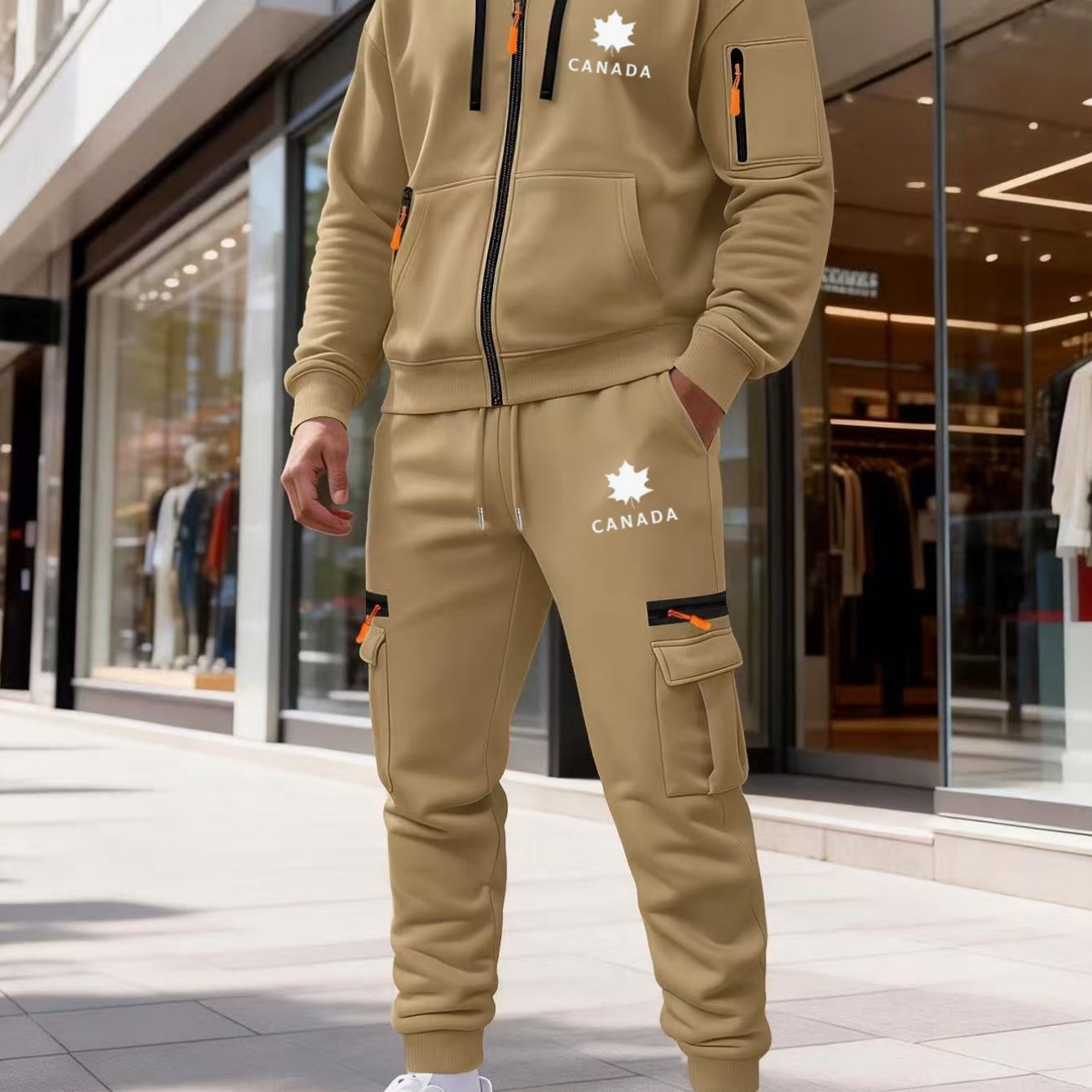 TEMU Style Sportswear Set: Hooded Sweatshirt And Cargo Pants With Cool Leaf And Letter Print