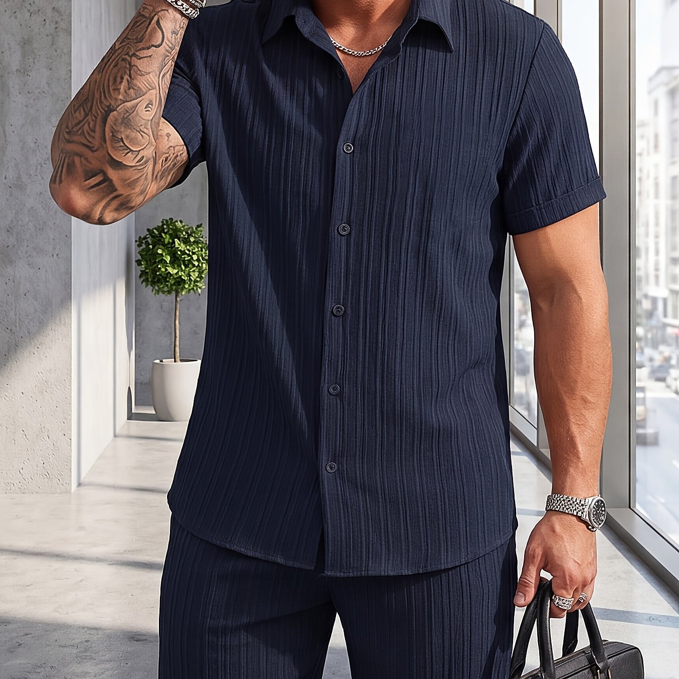 2026 Summer 's Textured Pinstripe 2pcs Set: Lapel Short Sleeve Shirt And Casual Shorts, Breathable And Lightweight, Suitable For Daily /business Casual/beach Vacation/date Outfits